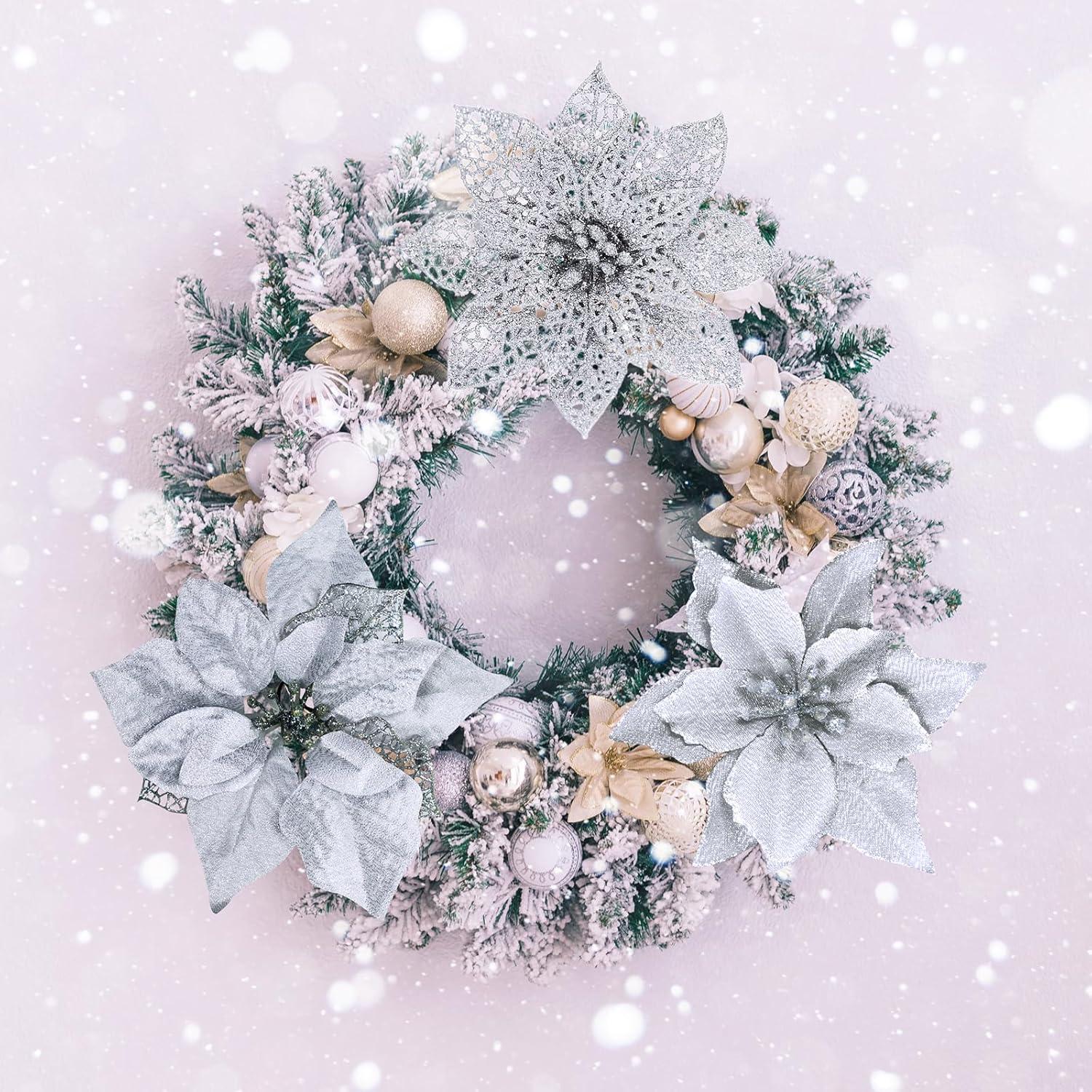 imageWinlyn 3 Style Christmas Poinsettia Flowers Picks Xmas Tree Ornaments and 12 Yards Decorative Wired Ribbon for Blue Christmas Tree Wreath Garland Holiday DecorSilver