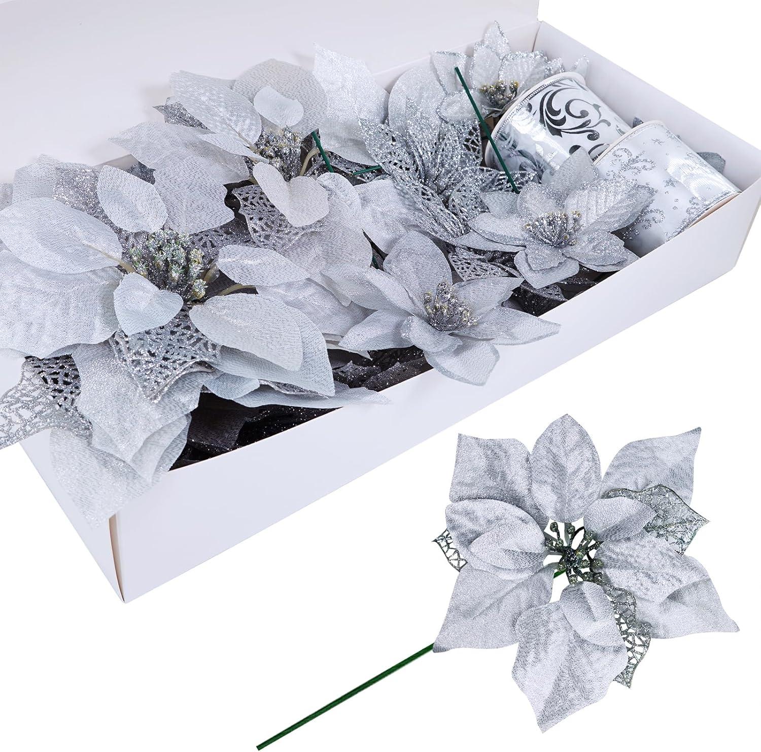 imageWinlyn 3 Style Christmas Poinsettia Flowers Picks Xmas Tree Ornaments and 12 Yards Decorative Wired Ribbon for Blue Christmas Tree Wreath Garland Holiday DecorSilver