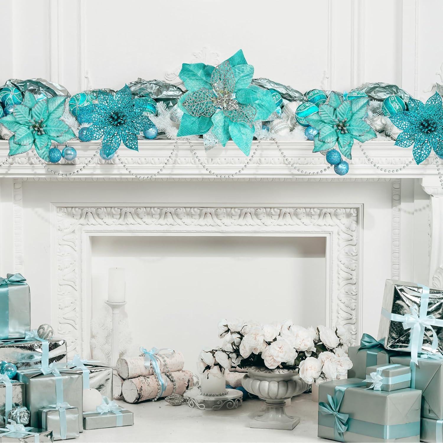 imageWinlyn 3 Style Christmas Poinsettia Flowers Picks Xmas Tree Ornaments and 12 Yards Decorative Wired Ribbon for Blue Christmas Tree Wreath Garland Holiday DecorTeal