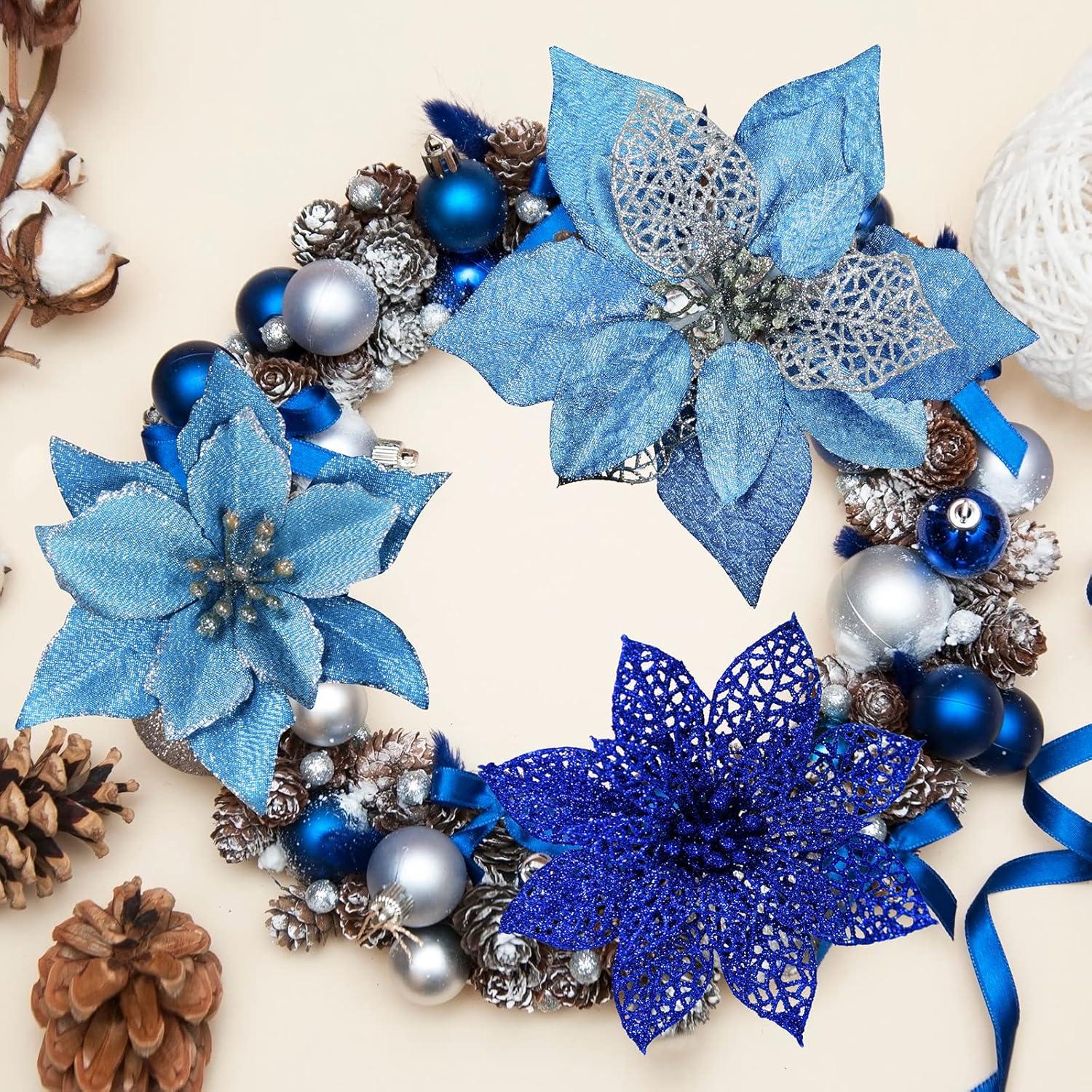 imageWinlyn 3 Style Christmas Poinsettia Flowers Picks Xmas Tree Ornaments and 12 Yards Decorative Wired Ribbon for Blue Christmas Tree Wreath Garland Holiday DecorBlue