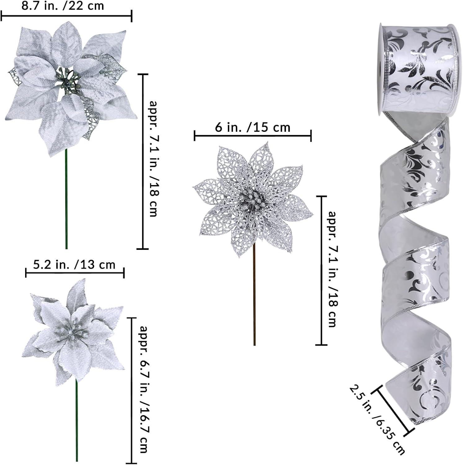 imageWinlyn 3 Style Christmas Poinsettia Flowers Picks Xmas Tree Ornaments and 12 Yards Decorative Wired Ribbon for Blue Christmas Tree Wreath Garland Holiday DecorSilver