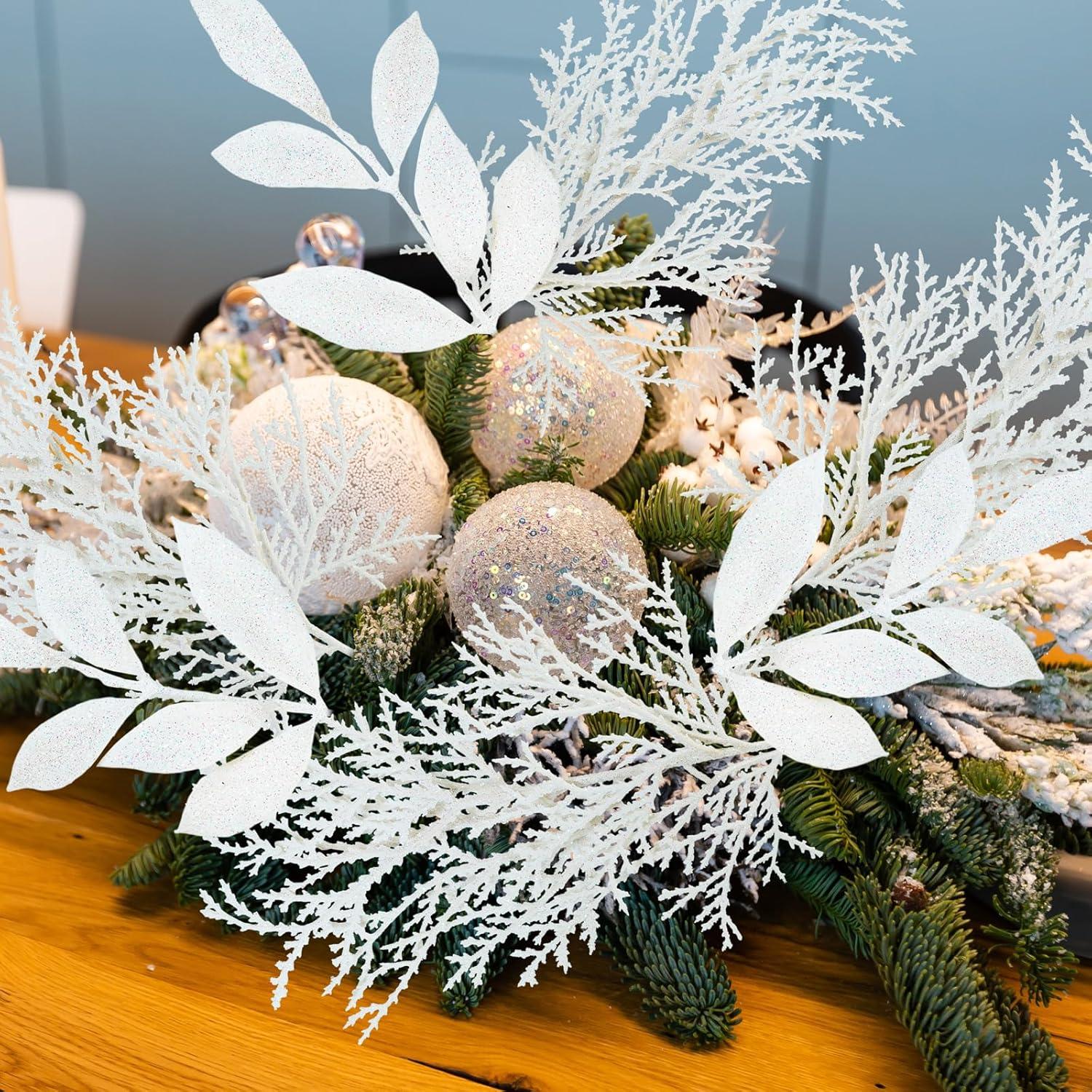 imageWinlyn 30 Pcs Christmas Teal Blue Glittered Artificial Leaf Sprays Cedar Picks Christmas Tree Ornaments Winter Floral Stems for Teal Blue Christmas Tree Wreath Centerpiece Holiday Wedding DecorationsWhite