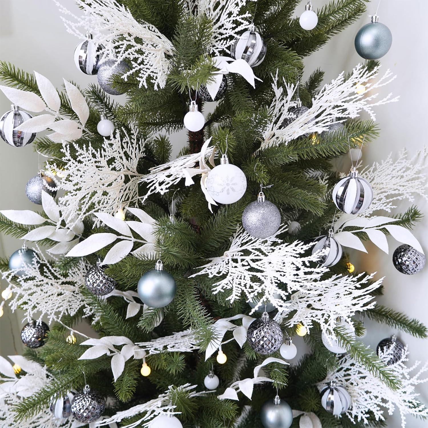 imageWinlyn 30 Pcs Christmas Teal Blue Glittered Artificial Leaf Sprays Cedar Picks Christmas Tree Ornaments Winter Floral Stems for Teal Blue Christmas Tree Wreath Centerpiece Holiday Wedding DecorationsWhite