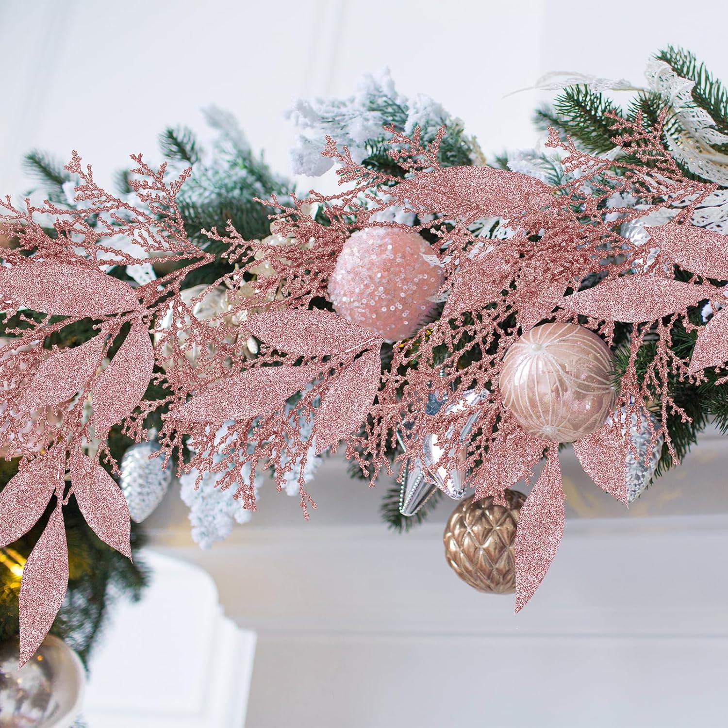 imageWinlyn 30 Pcs Christmas Teal Blue Glittered Artificial Leaf Sprays Cedar Picks Christmas Tree Ornaments Winter Floral Stems for Teal Blue Christmas Tree Wreath Centerpiece Holiday Wedding DecorationsRose Gold