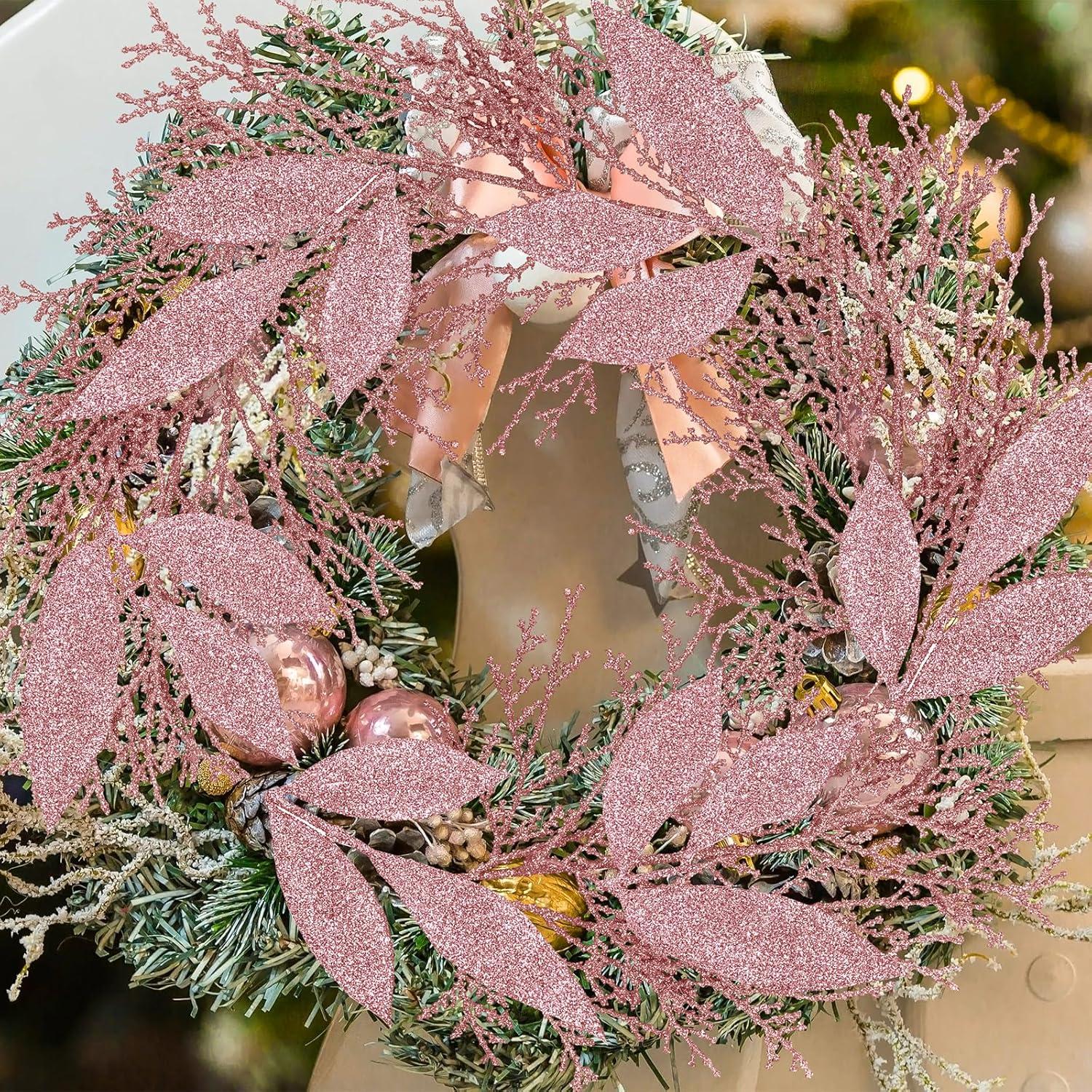 imageWinlyn 30 Pcs Christmas Teal Blue Glittered Artificial Leaf Sprays Cedar Picks Christmas Tree Ornaments Winter Floral Stems for Teal Blue Christmas Tree Wreath Centerpiece Holiday Wedding DecorationsRose Gold