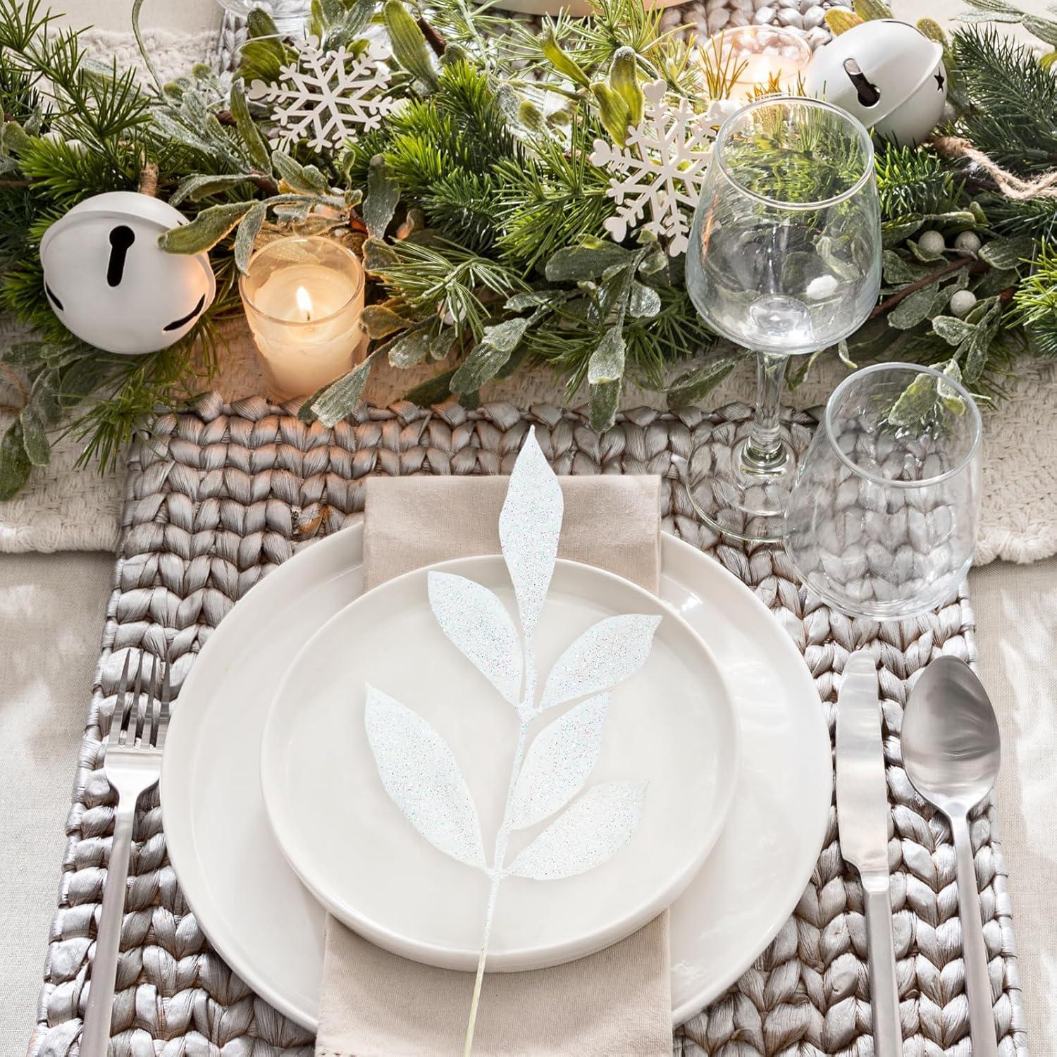 imageWinlyn 30 Pcs Christmas Teal Blue Glittered Artificial Leaf Sprays Cedar Picks Christmas Tree Ornaments Winter Floral Stems for Teal Blue Christmas Tree Wreath Centerpiece Holiday Wedding DecorationsWhite