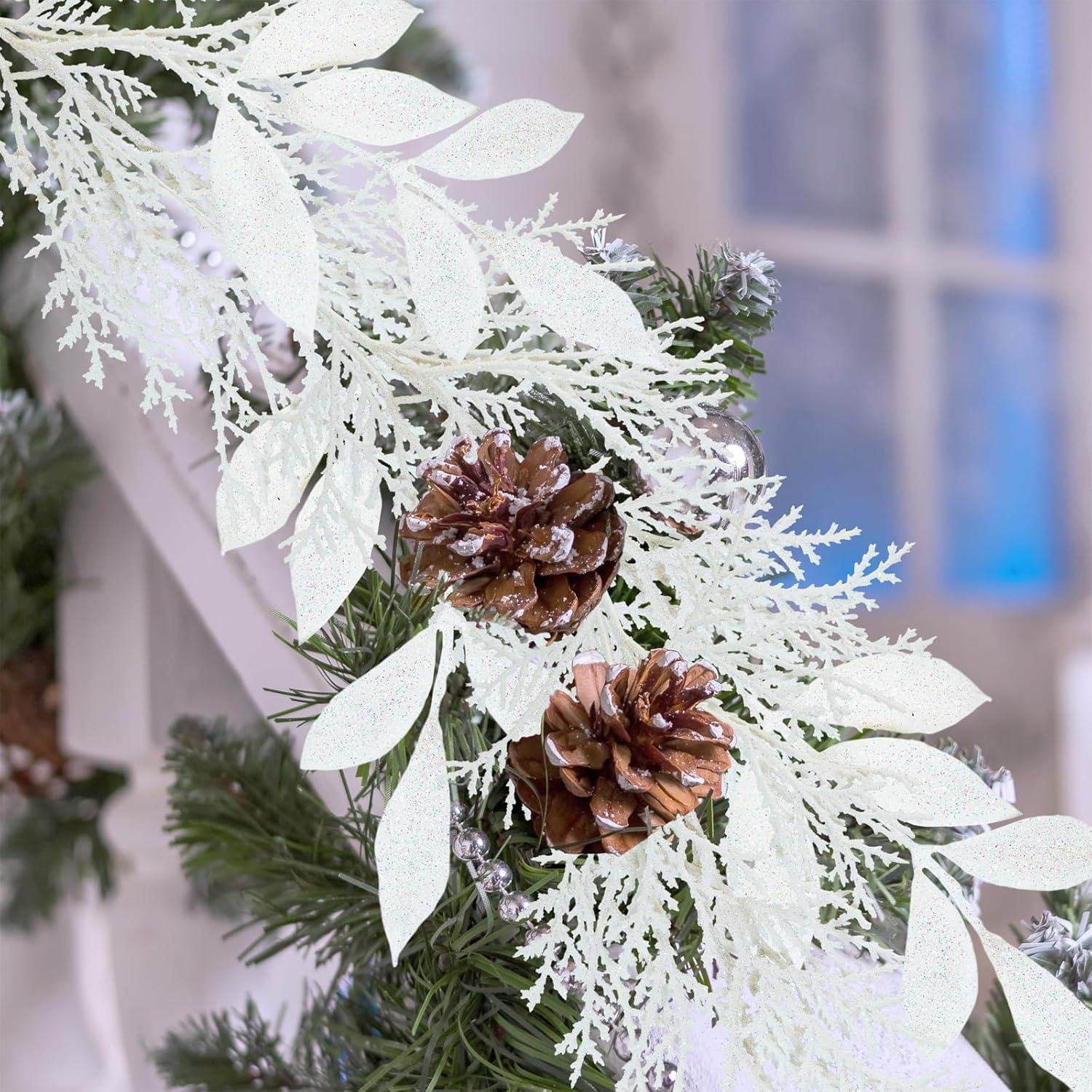 imageWinlyn 30 Pcs Christmas Teal Blue Glittered Artificial Leaf Sprays Cedar Picks Christmas Tree Ornaments Winter Floral Stems for Teal Blue Christmas Tree Wreath Centerpiece Holiday Wedding DecorationsWhite