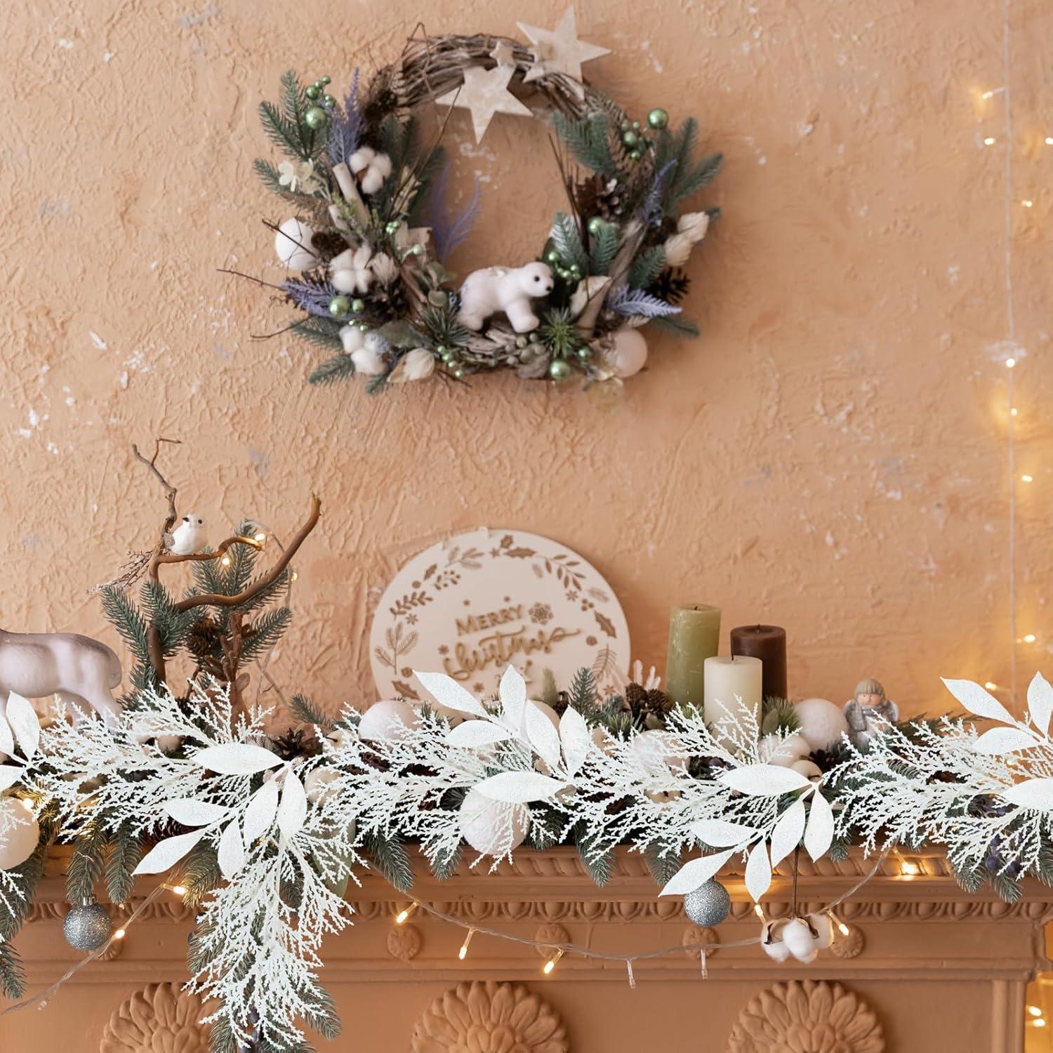 imageWinlyn 30 Pcs Christmas Teal Blue Glittered Artificial Leaf Sprays Cedar Picks Christmas Tree Ornaments Winter Floral Stems for Teal Blue Christmas Tree Wreath Centerpiece Holiday Wedding DecorationsWhite