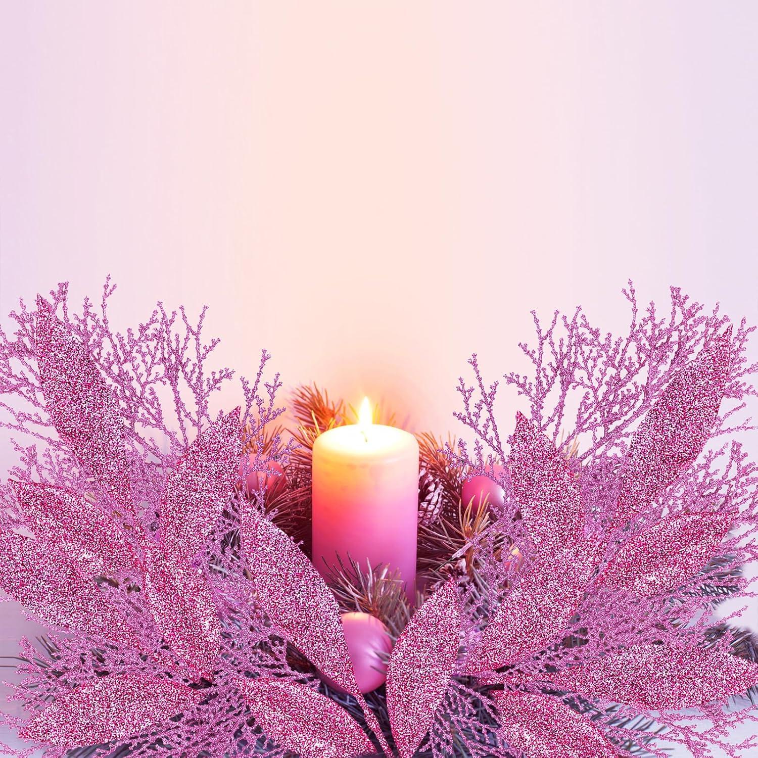 imageWinlyn 30 Pcs Christmas Teal Blue Glittered Artificial Leaf Sprays Cedar Picks Christmas Tree Ornaments Winter Floral Stems for Teal Blue Christmas Tree Wreath Centerpiece Holiday Wedding DecorationsPink