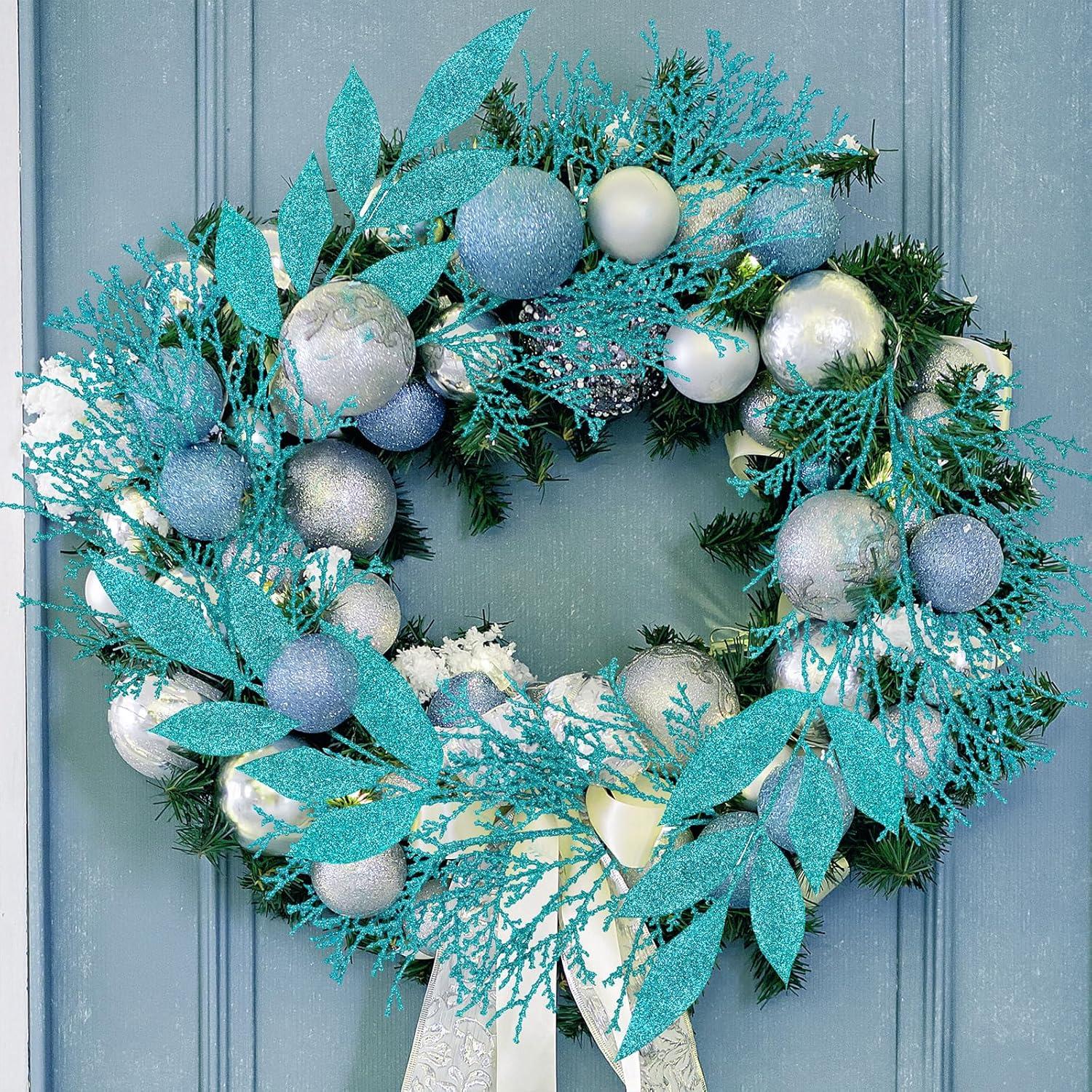 imageWinlyn 30 Pcs Christmas Teal Blue Glittered Artificial Leaf Sprays Cedar Picks Christmas Tree Ornaments Winter Floral Stems for Teal Blue Christmas Tree Wreath Centerpiece Holiday Wedding DecorationsTeal