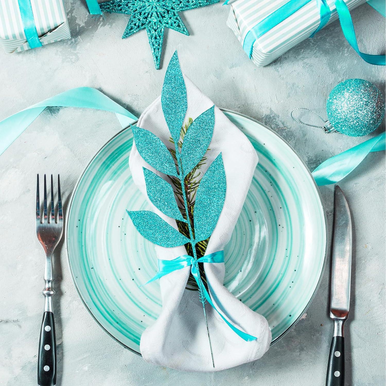 imageWinlyn 30 Pcs Christmas Teal Blue Glittered Artificial Leaf Sprays Cedar Picks Christmas Tree Ornaments Winter Floral Stems for Teal Blue Christmas Tree Wreath Centerpiece Holiday Wedding DecorationsTeal