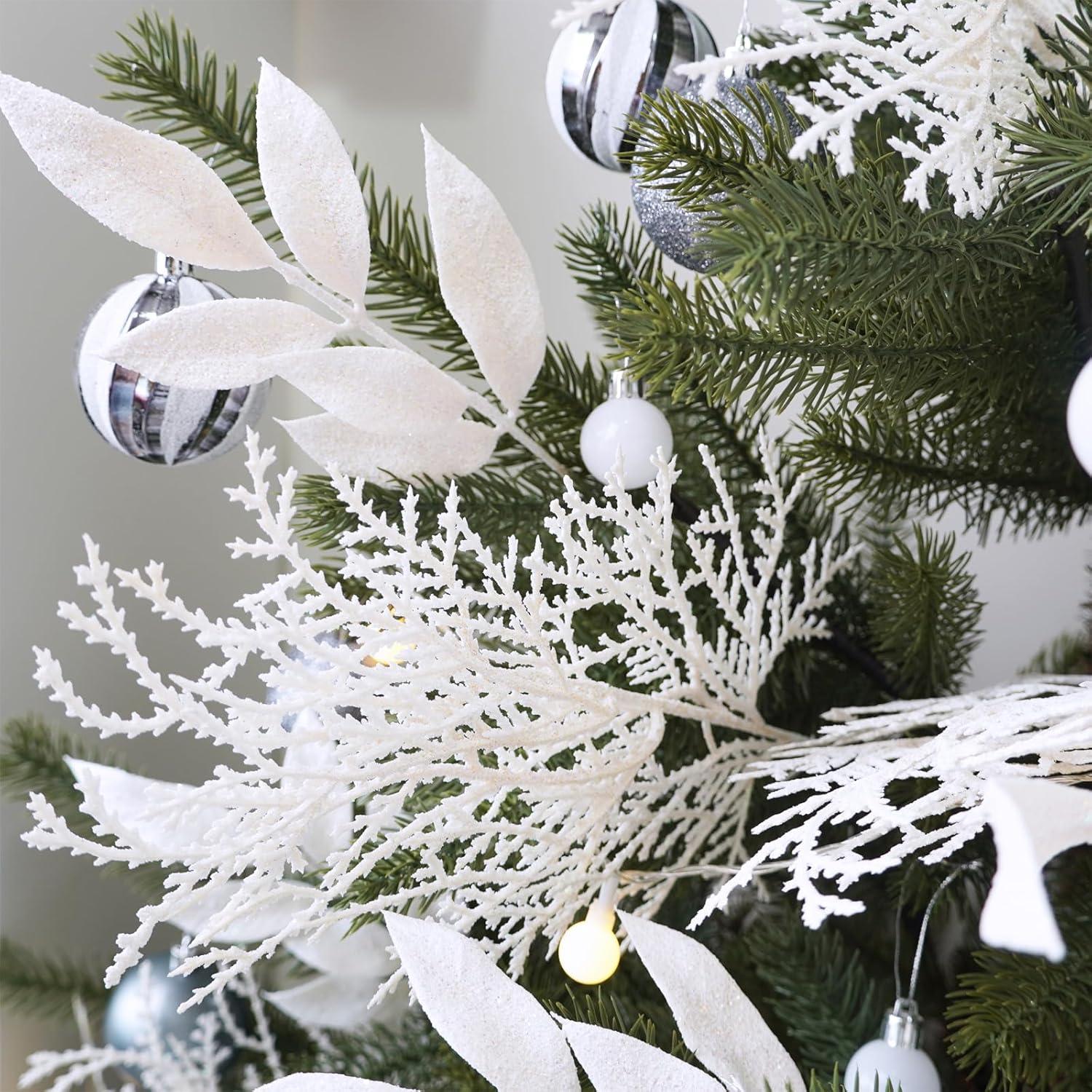 imageWinlyn 30 Pcs Christmas Teal Blue Glittered Artificial Leaf Sprays Cedar Picks Christmas Tree Ornaments Winter Floral Stems for Teal Blue Christmas Tree Wreath Centerpiece Holiday Wedding DecorationsWhite