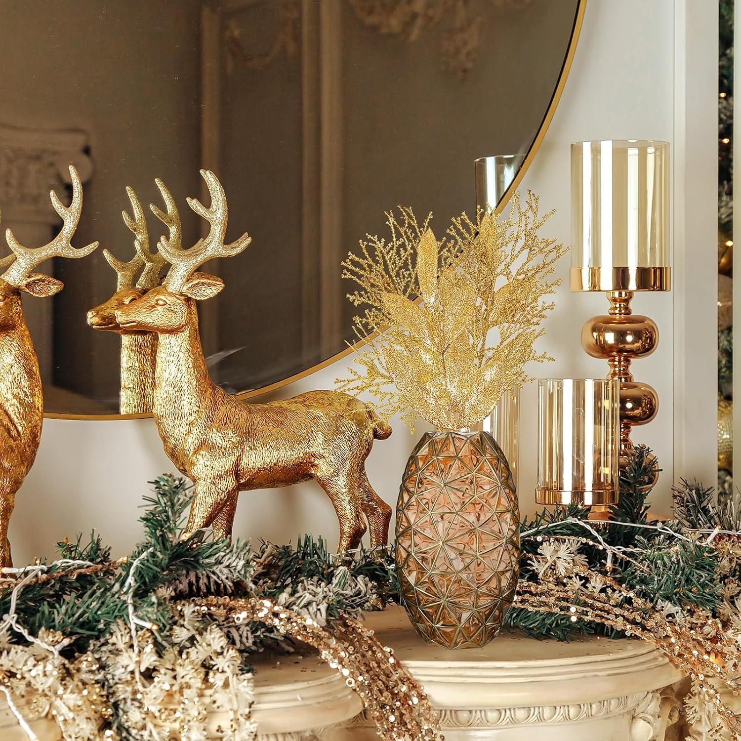 imageWinlyn 30 Pcs Christmas Teal Blue Glittered Artificial Leaf Sprays Cedar Picks Christmas Tree Ornaments Winter Floral Stems for Teal Blue Christmas Tree Wreath Centerpiece Holiday Wedding DecorationsGold