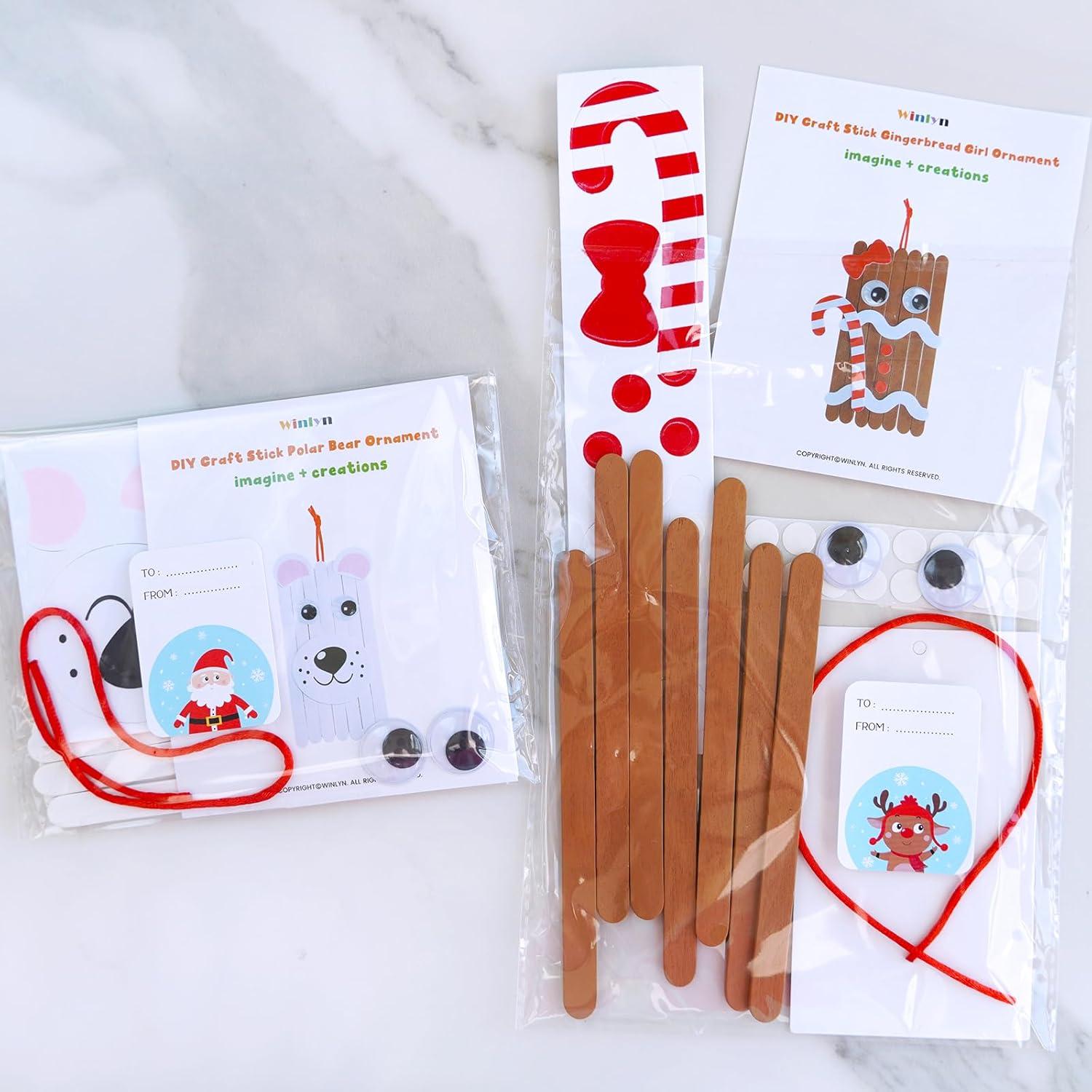 imageWinlyn 32 Sets Christmas Craft Kits Winter Crafts DIY Popsicle Stick Christmas Ornaments Decorations Art Sets Craft Sticks Christmas Foam Stickers for Kids Holiday Classroom Activities Party Favors