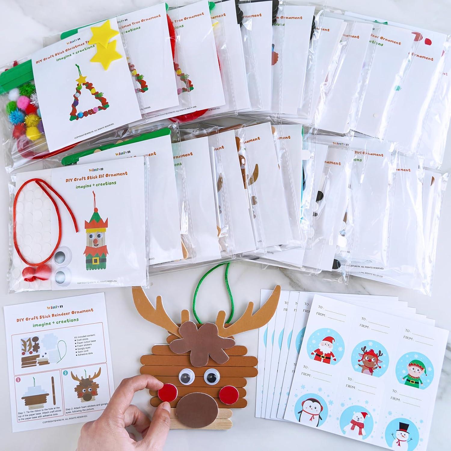 imageWinlyn 32 Sets Christmas Craft Kits Winter Crafts DIY Popsicle Stick Christmas Ornaments Decorations Art Sets Craft Sticks Christmas Foam Stickers for Kids Holiday Classroom Activities Party Favors