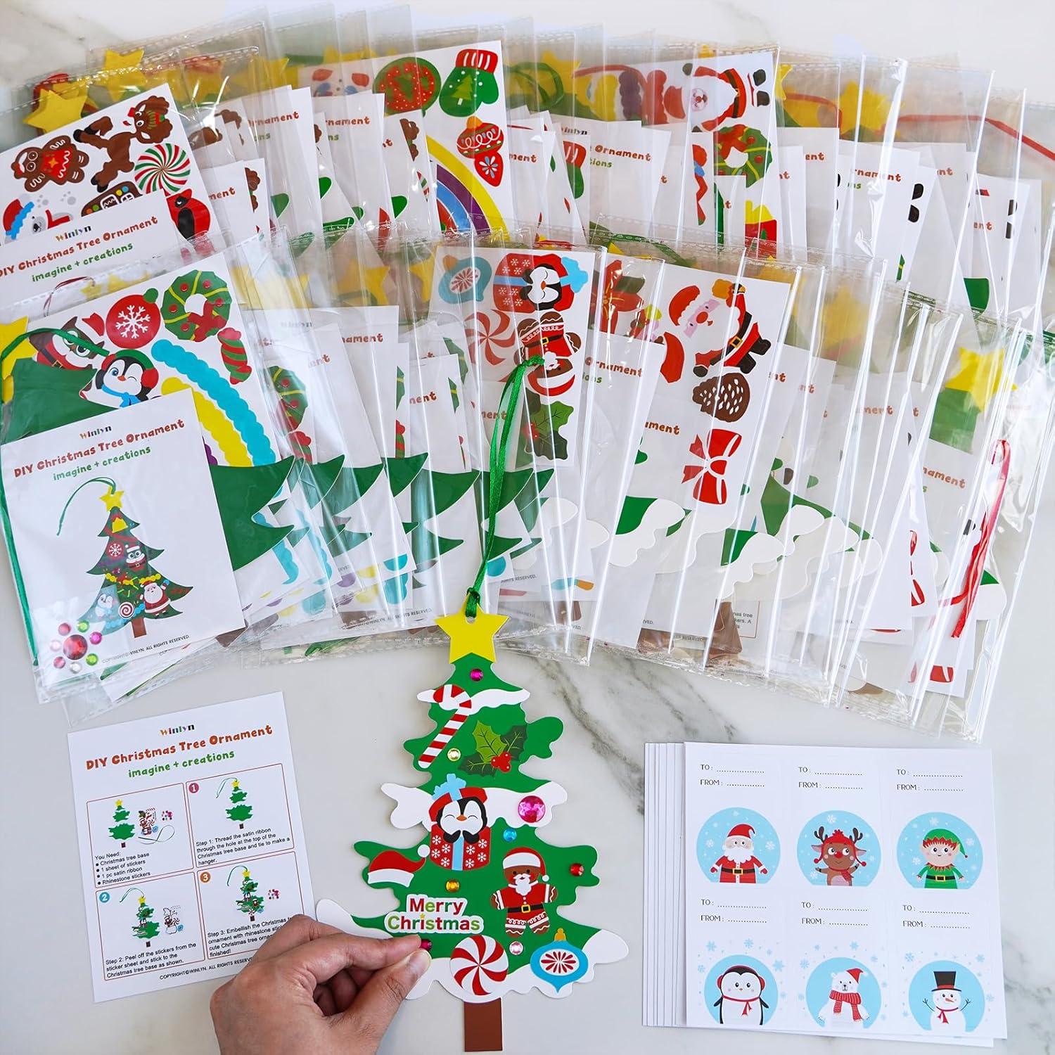 imageWinlyn 48 Sets Christmas Tree Ornaments Decorations Art Sets DIY Christmas Craft Kits Winter Crafts Pine Tree Snowman Snowflake Santa Xmas Stickers for Kids Holiday Classroom Activities Party Favors
