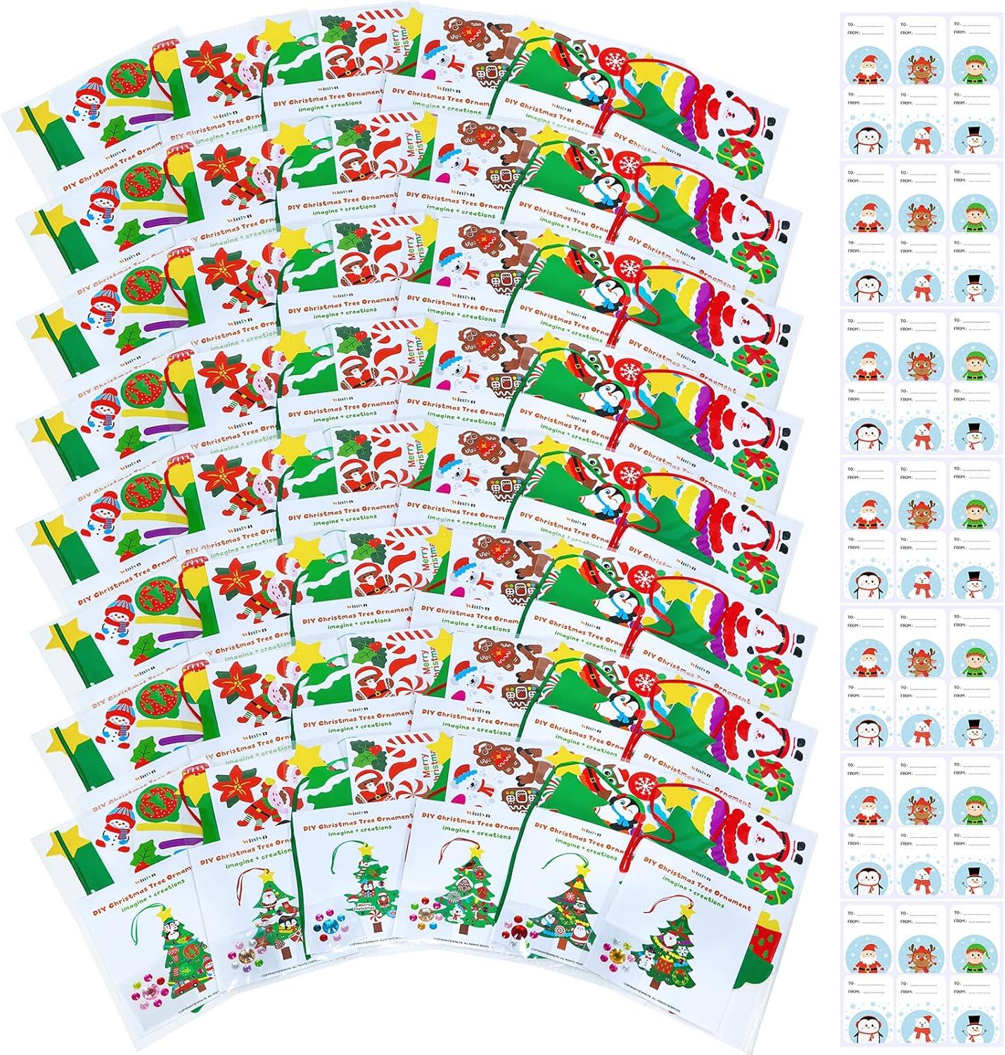 imageWinlyn 48 Sets Christmas Tree Ornaments Decorations Art Sets DIY Christmas Craft Kits Winter Crafts Pine Tree Snowman Snowflake Santa Xmas Stickers for Kids Holiday Classroom Activities Party Favors