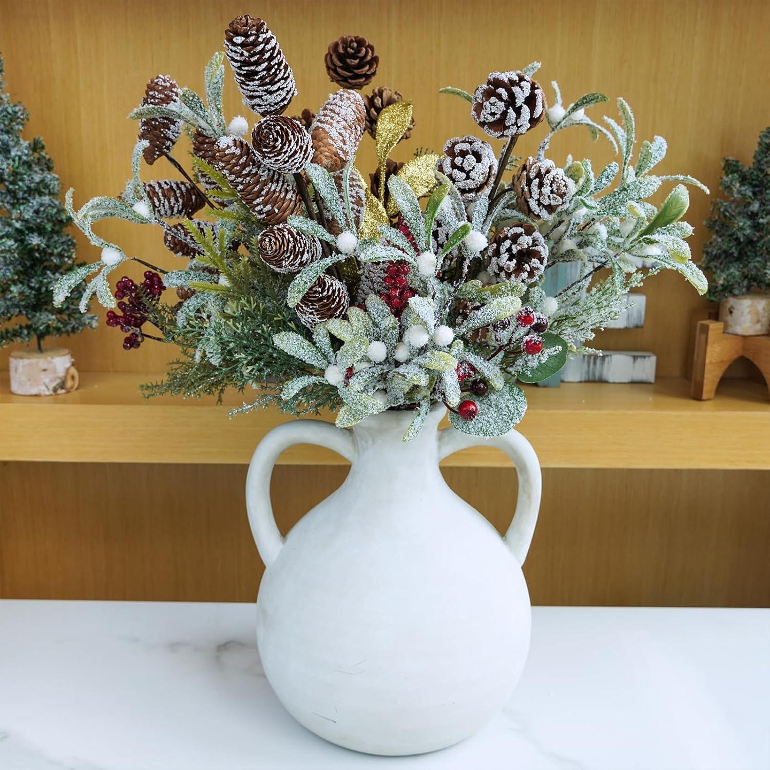 imageWinlyn 6 Pcs Frosted Artificial Mistletoe Spray Christmas Greenery Floral Stems Branches Faux Mistletoe Picks with White Berry 126quot Tall for Winter Christmas Tree Floral Arrangement