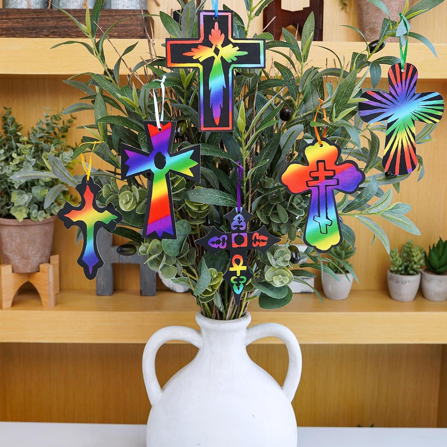 imageWinlyn 72 Sets 6 Styles Magic Color Scratch Cross Ornaments Craft Kits Rainbow Scratch Art Sets Scratch Paper Crosses with Scratching Tools for Kids Classroom VBS Sunday School Religious Activities