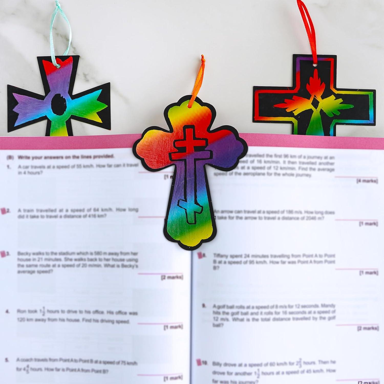 imageWinlyn 72 Sets 6 Styles Magic Color Scratch Cross Ornaments Craft Kits Rainbow Scratch Art Sets Scratch Paper Crosses with Scratching Tools for Kids Classroom VBS Sunday School Religious Activities