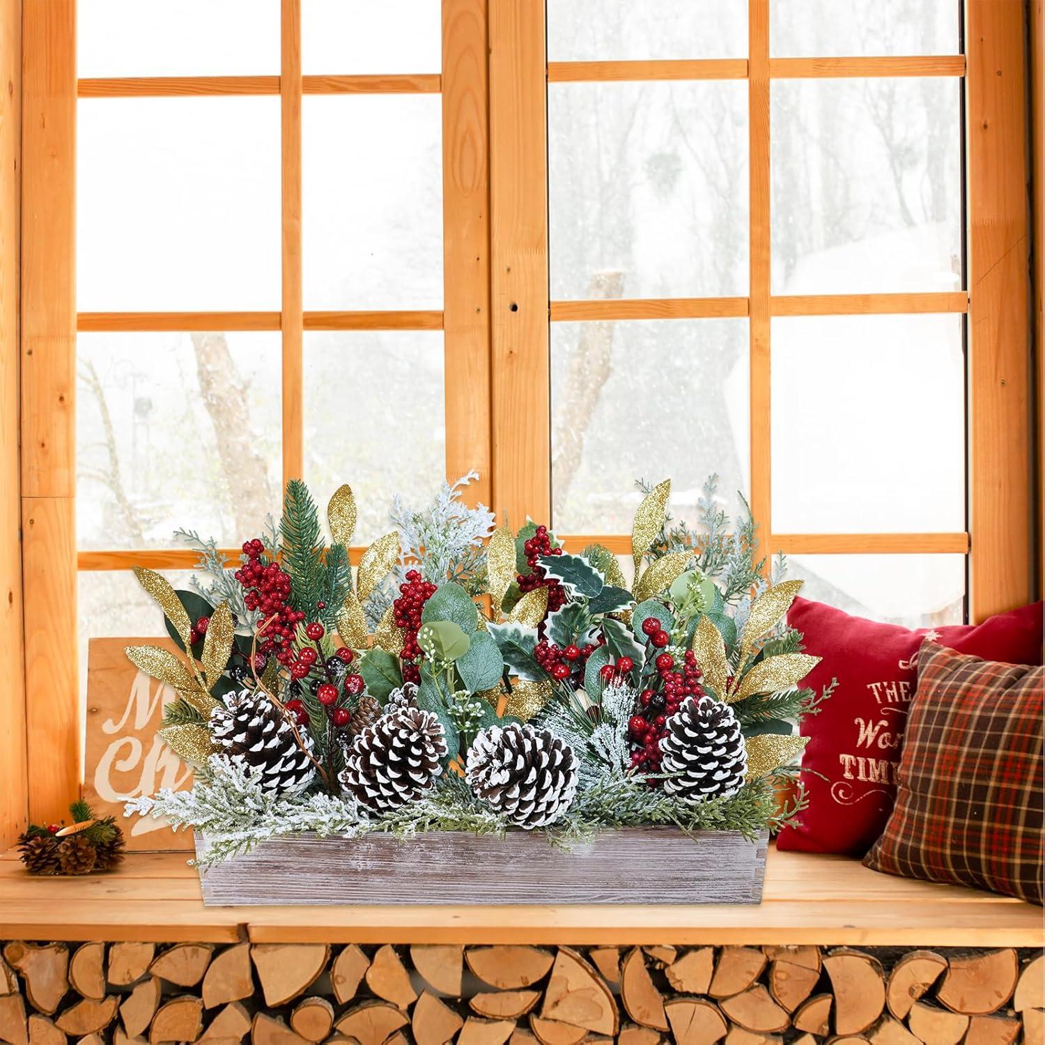 imageWinlyn Bulk Rustic Christmas Floral Picks and Pine Cones in Wooden Box Holiday Table Dcor