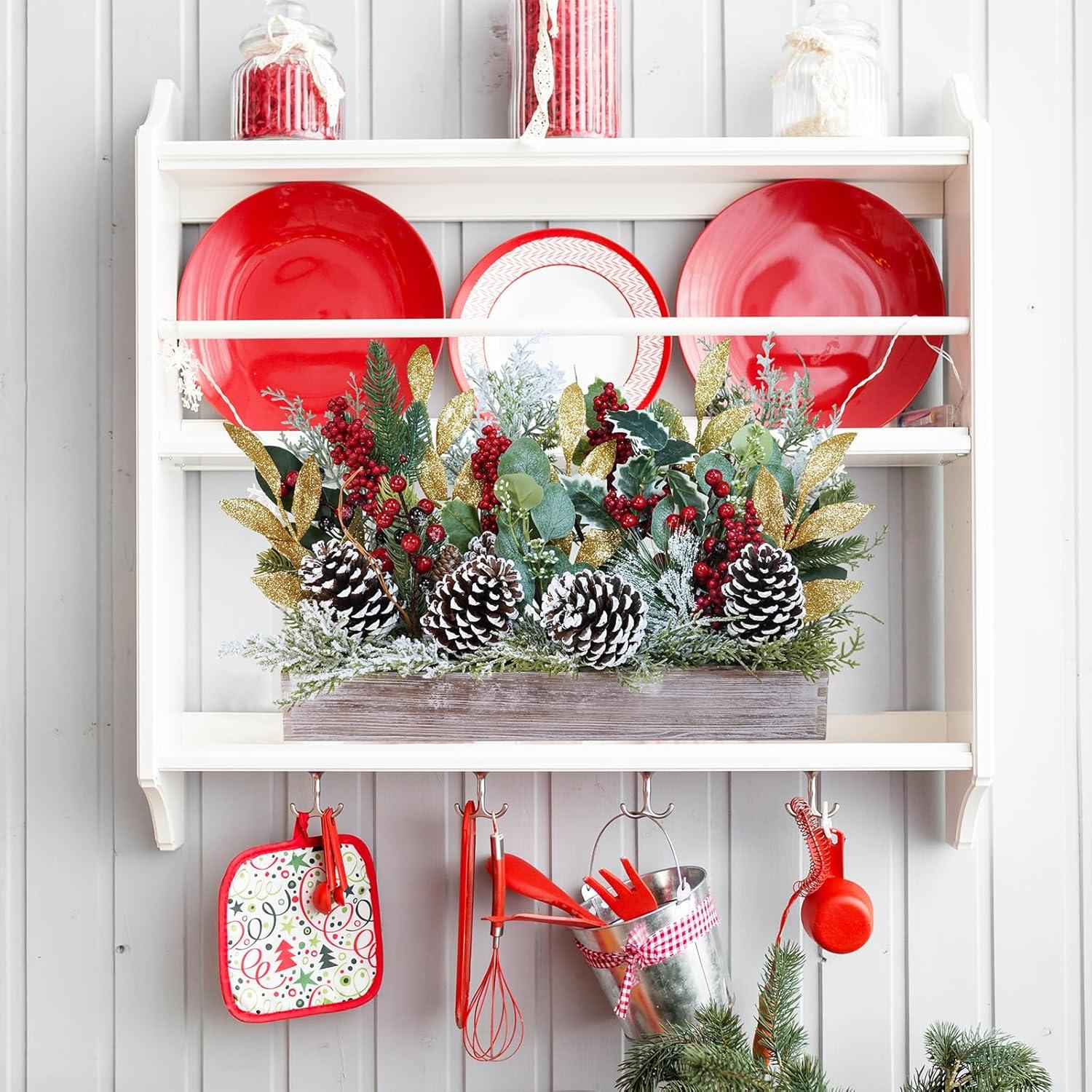 imageWinlyn Bulk Rustic Christmas Floral Picks and Pine Cones in Wooden Box Holiday Table Dcor