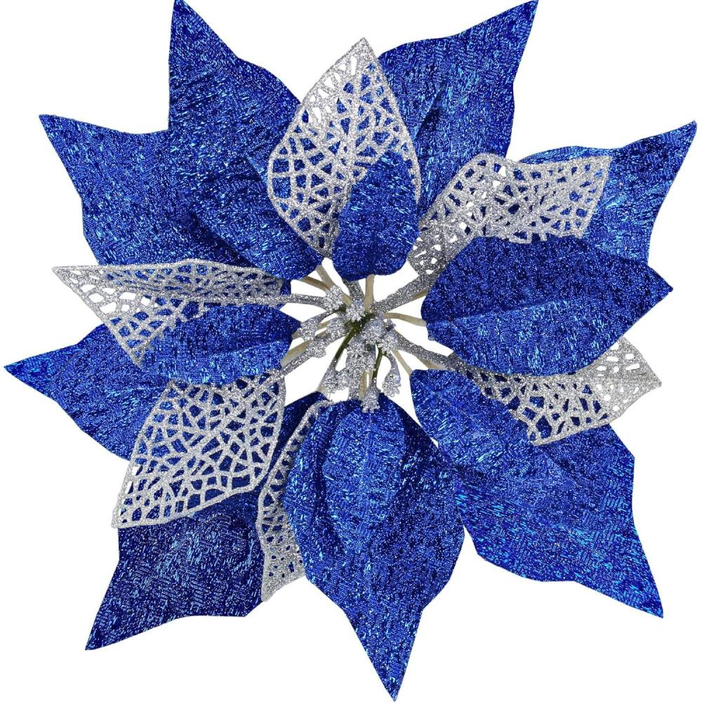 image14 Set 87quot Wide 4 Layers Christmas Blue Glitter Poinsettia Flowers Picks Christmas Tree Ornaments for Blue Christmas Tree Wreaths Garland Holiday Seasonal Festive Navidad Decoration Gift Box IncludedBlue