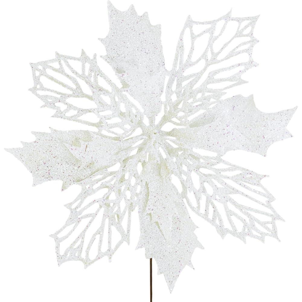 image24 Pcs Christmas Silver Glittered Mesh Holly Leaf Artificial Poinsettia Flowers Picks Tree Ornaments 59quot W for Silver Christmas Tree Wreath Garland Floral Gift Winter Wedding Holiday DecorationWhite