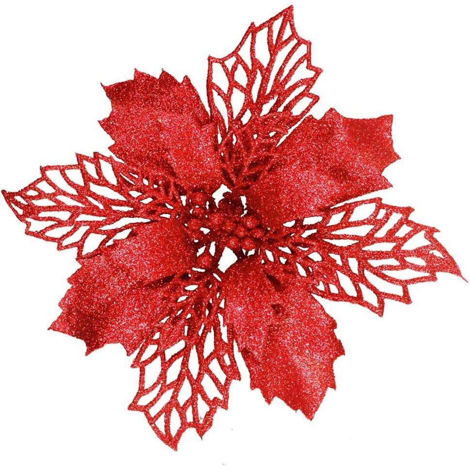 image24 Pcs Christmas Silver Glittered Mesh Holly Leaf Artificial Poinsettia Flowers Picks Tree Ornaments 59quot W for Silver Christmas Tree Wreath Garland Floral Gift Winter Wedding Holiday DecorationRed