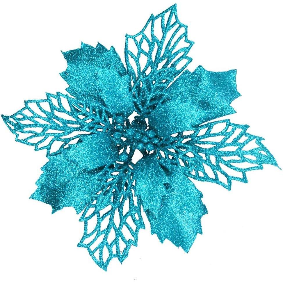image24 Pcs Christmas Silver Glittered Mesh Holly Leaf Artificial Poinsettia Flowers Picks Tree Ornaments 59quot W for Silver Christmas Tree Wreath Garland Floral Gift Winter Wedding Holiday DecorationTeal Blue