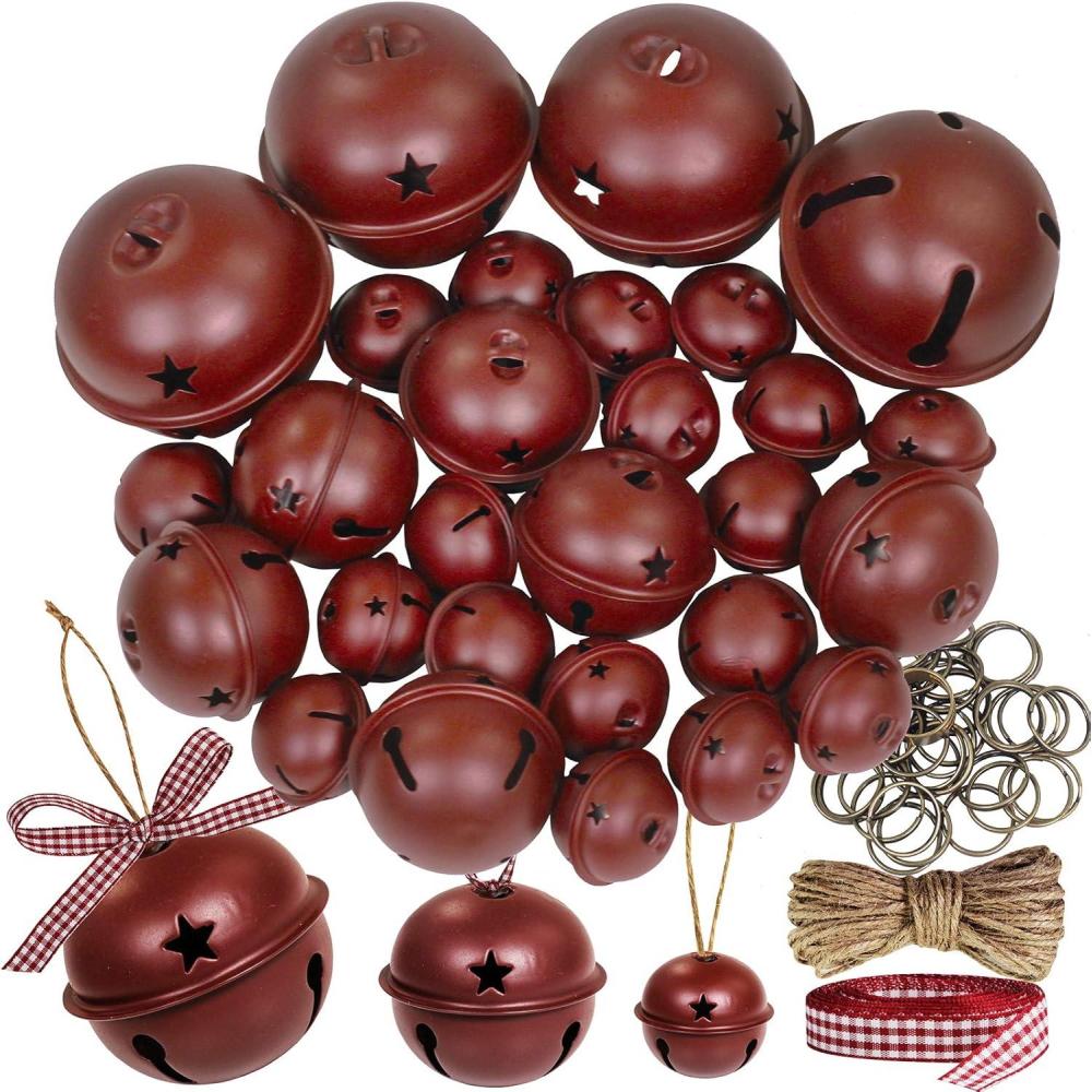image30 Pcs Christmas Metal Sleigh Bells Rustic Burgundy Jingle Bells with Star Cutouts Rustic Craft Bells 16quot 24quot 35quot for Christmas Tree Wreath Garland Ornaments Holiday DIY Decorations