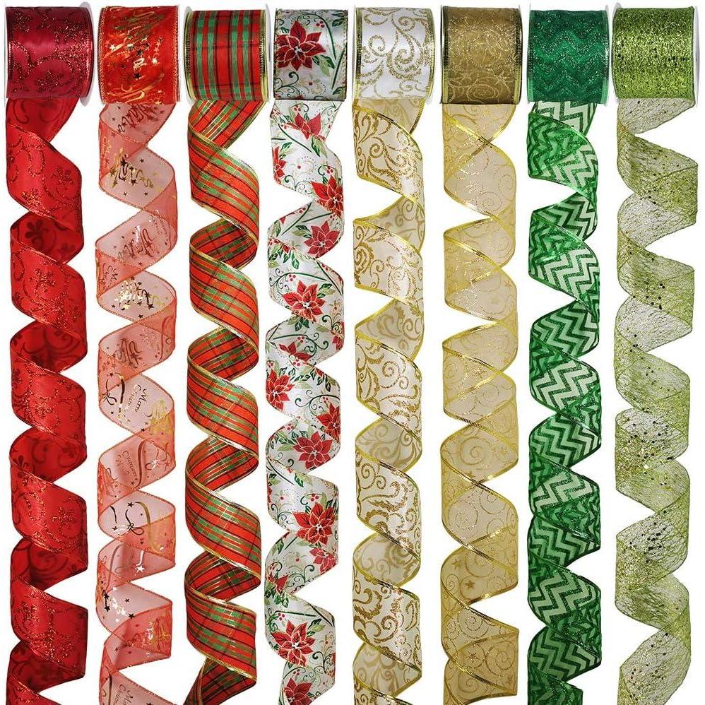 image48 Yards Assorted Christmas Ribbons Plaid Bow Wired Mesh Glitter Tulle Organza 25quot Wide For Wreaths Garlands
