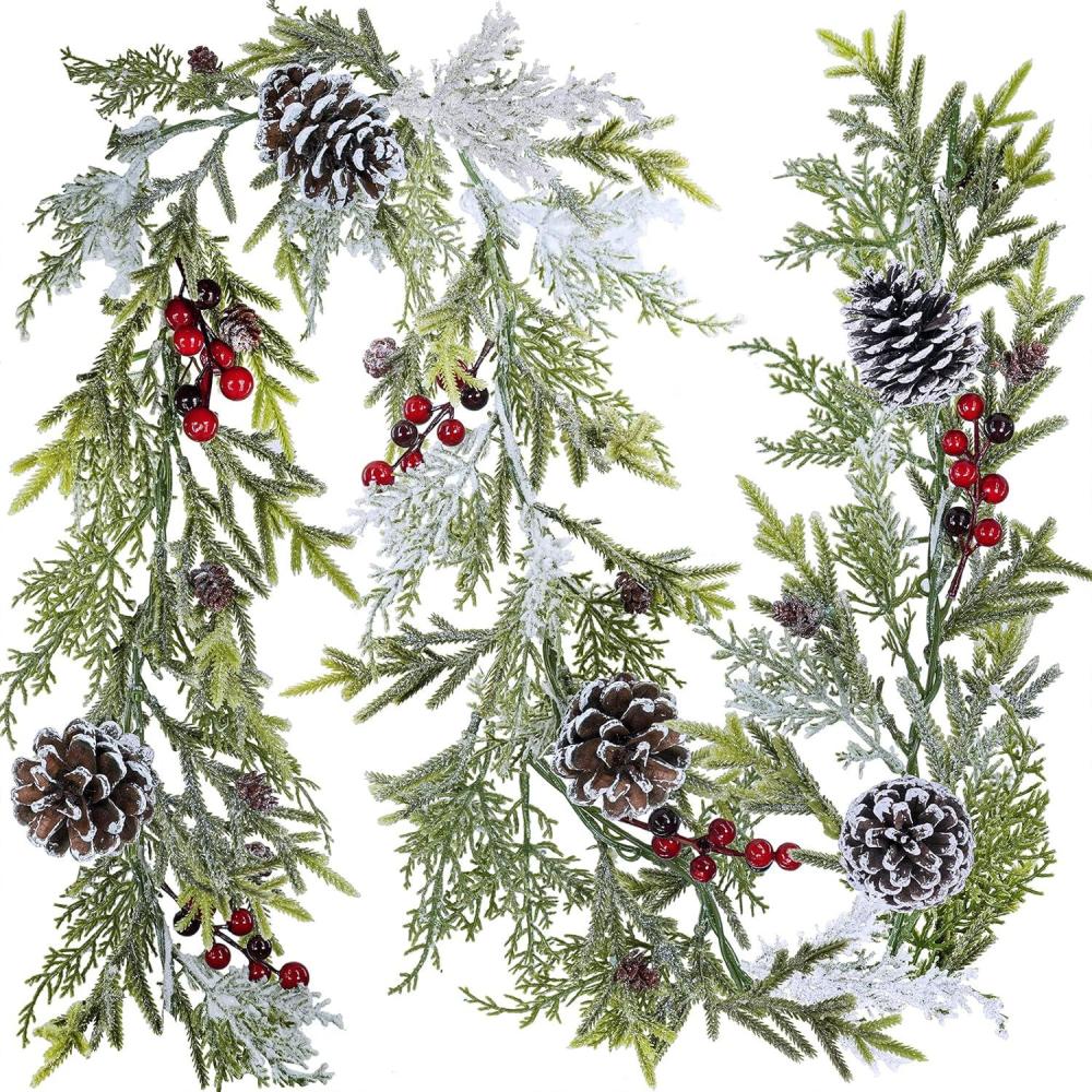 image6 Long Snowy Artificial Pine and Cedar Christmas Garland with Pine Cones Red Berries Winter Greenery Garland for Christmas Wedding Winter Seasonal Holiday Table Runner Centerpiece Mantel Decoration
