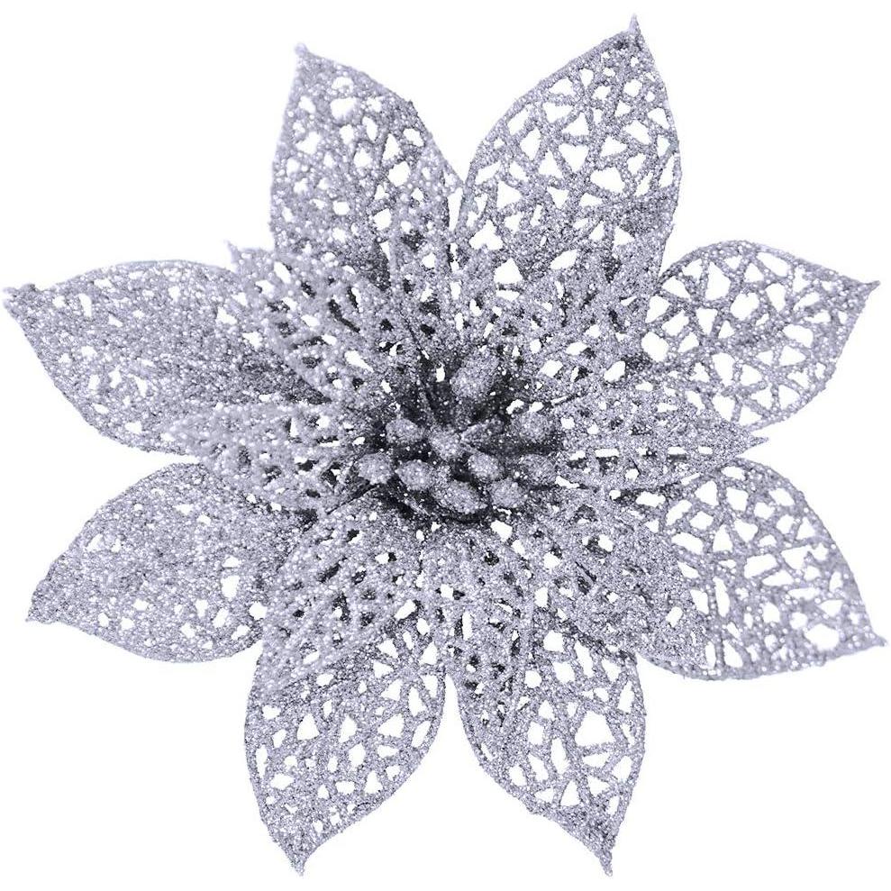 imageSupla 24 Pack Christmas Red Glitter Poinsettia Flowers Picks Christmas Tree Ornaments 59quot Wide for Red Christmas Tree Wreaths Garland Holiday Seasonal Wedding Decorations White Gift Box IncludedSilver