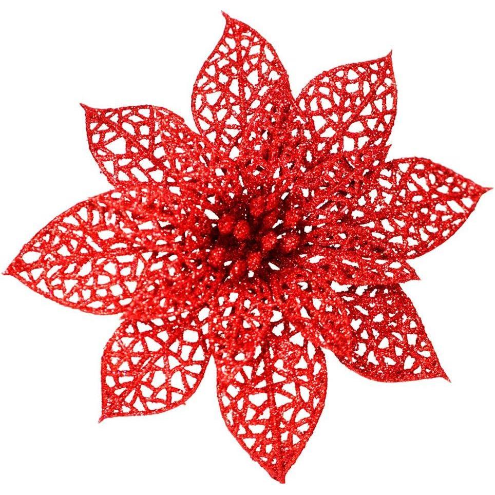 imageSupla 24 Pack Christmas Red Glitter Poinsettia Flowers Picks Christmas Tree Ornaments 59quot Wide for Red Christmas Tree Wreaths Garland Holiday Seasonal Wedding Decorations White Gift Box IncludedRed