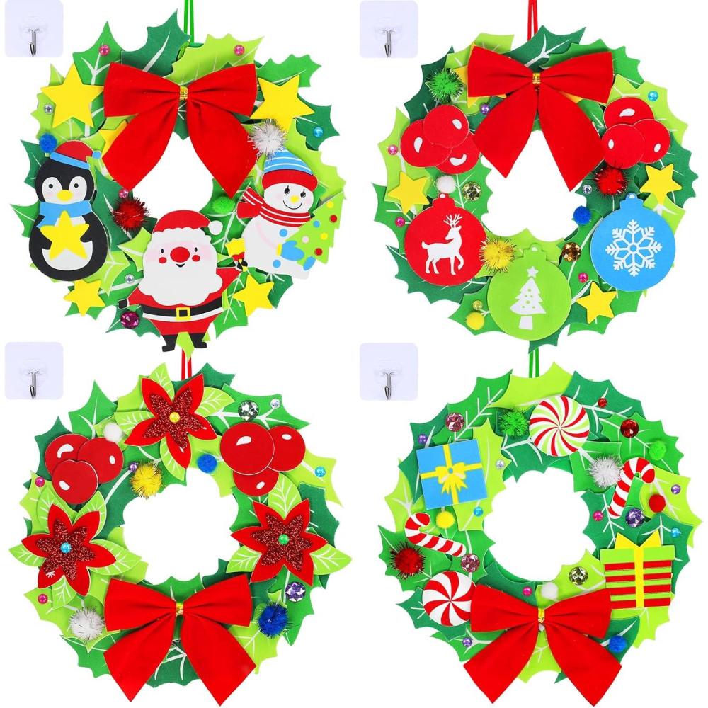 imageWinlyn 12 Set Christmas Craft Kits DIY Christmas Wreath Ornaments Decorations Art Sets Snowman Santa Penguin Holly Leaf Foam Stickers Arts and Crafts for Kids Holiday Classroom Activities