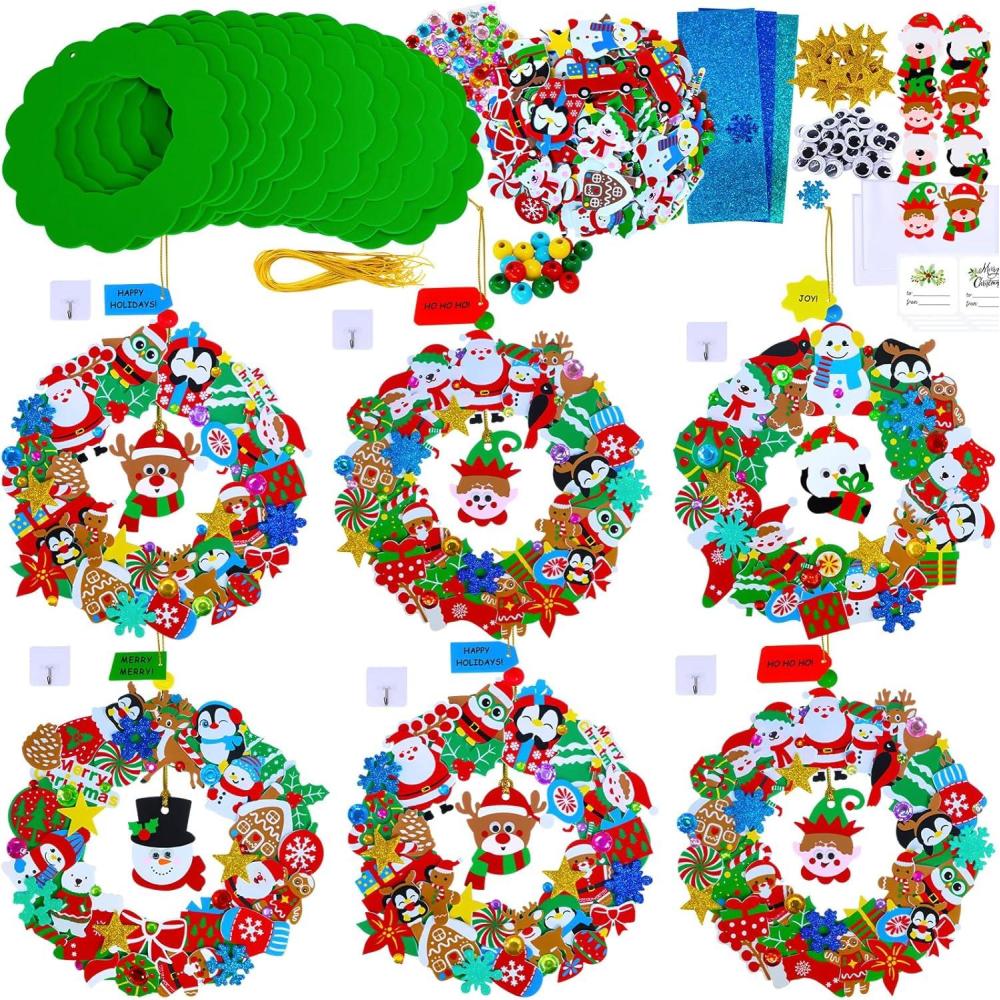 imageWinlyn 12 Sets Christmas Craft Kits Holiday Crafts DIY Christmas Wreath Ornaments Decorations Art Sets Xmas Snowmen Snowflake Festive Winter Foam Stickers Arts and Crafts for Kids Classroom Activities