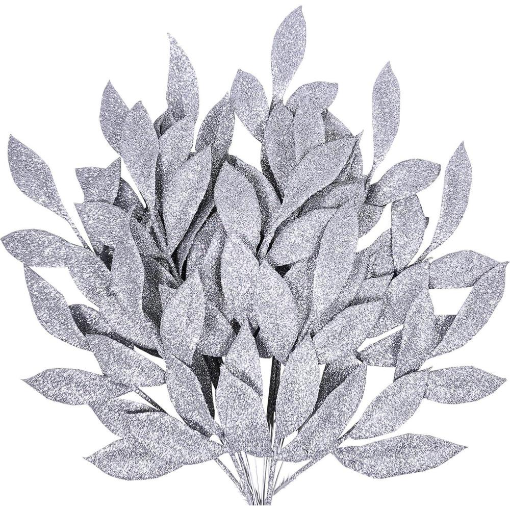 imageWinlyn 20 Pcs Pink Glitter Bay Leaf Sprays Artificial Christmas Tree Picks Sprays 127quot Tall for Pink Christmas Tree Wreath Swag Floral Arrangement Winter Wedding Bouquet Centerpiece DecorationSilver