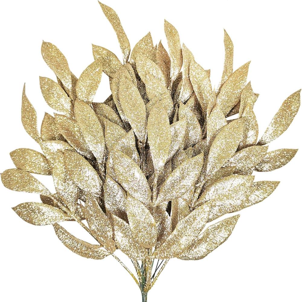 imageWinlyn 20 Pcs Pink Glitter Bay Leaf Sprays Artificial Christmas Tree Picks Sprays 127quot Tall for Pink Christmas Tree Wreath Swag Floral Arrangement Winter Wedding Bouquet Centerpiece DecorationChampagne