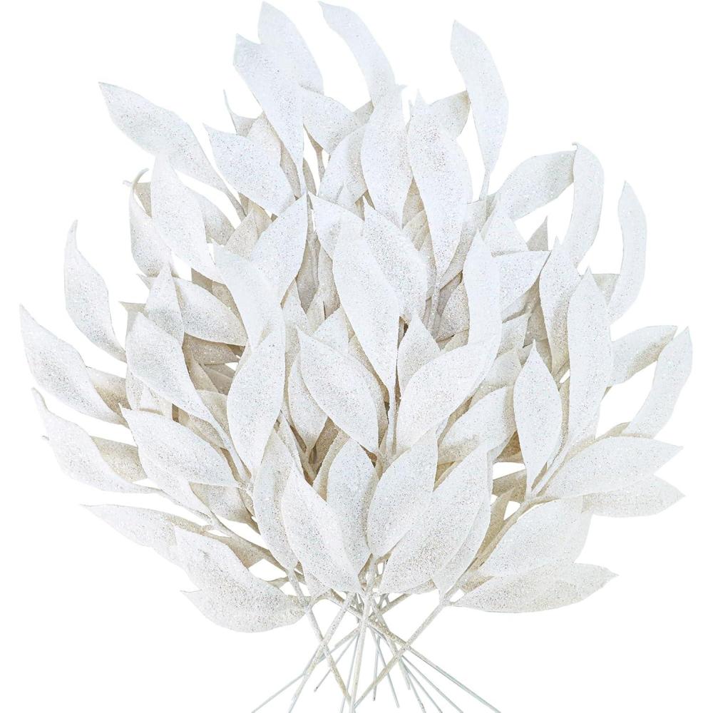 imageWinlyn 20 Pcs Pink Glitter Bay Leaf Sprays Artificial Christmas Tree Picks Sprays 127quot Tall for Pink Christmas Tree Wreath Swag Floral Arrangement Winter Wedding Bouquet Centerpiece DecorationWhite