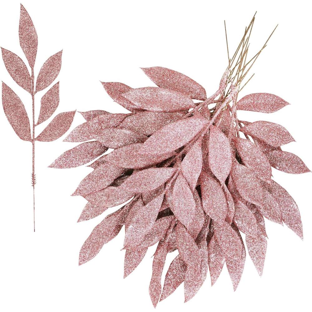 imageWinlyn 20 Pcs Pink Glitter Bay Leaf Sprays Artificial Christmas Tree Picks Sprays 127quot Tall for Pink Christmas Tree Wreath Swag Floral Arrangement Winter Wedding Bouquet Centerpiece DecorationRose Gold