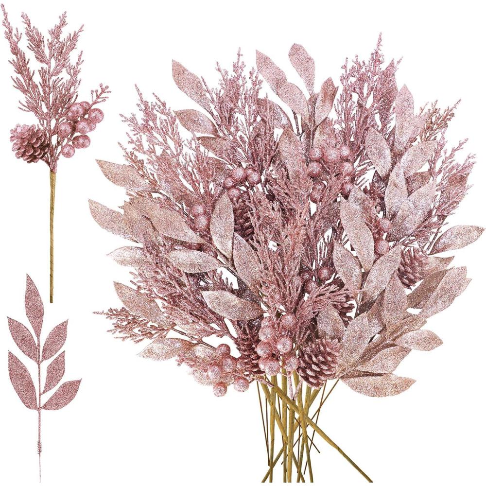imageWinlyn 24 Pcs Christmas Artificial Leaf Sprays Pine Needles Pinecone Berries Stems Silver Glittered Christmas Decoration Picks 122quot 142quot Tall for Silver Christmas Tree Vase Fillers Wreath DcorRose Gold