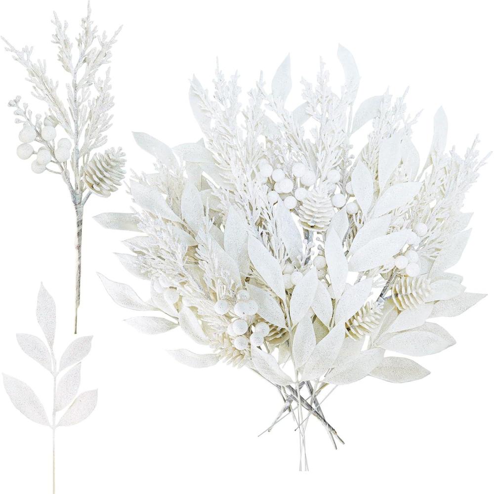 imageWinlyn 24 Pcs Christmas Artificial Leaf Sprays Pine Needles Pinecone Berries Stems Silver Glittered Christmas Decoration Picks 122quot 142quot Tall for Silver Christmas Tree Vase Fillers Wreath DcorWhite
