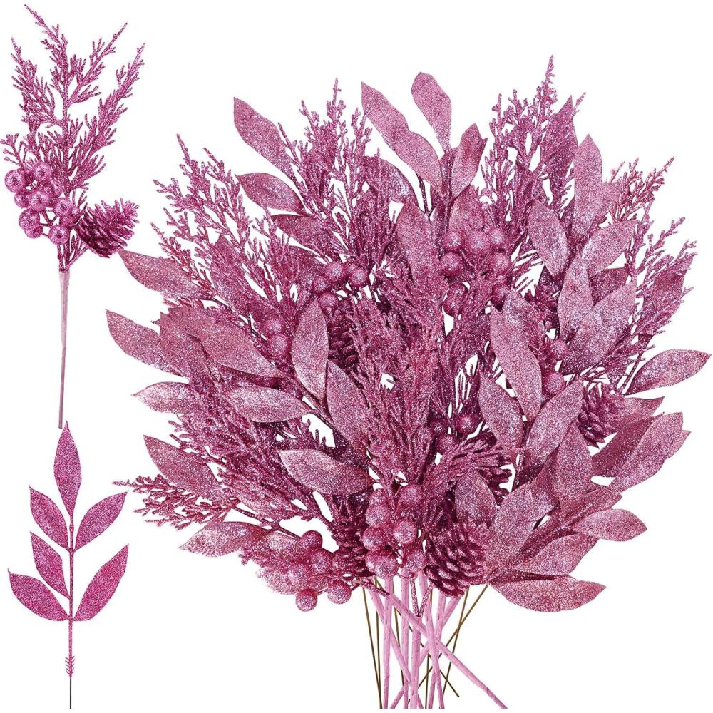 imageWinlyn 24 Pcs Christmas Artificial Leaf Sprays Pine Needles Pinecone Berries Stems Silver Glittered Christmas Decoration Picks 122quot 142quot Tall for Silver Christmas Tree Vase Fillers Wreath DcorPink