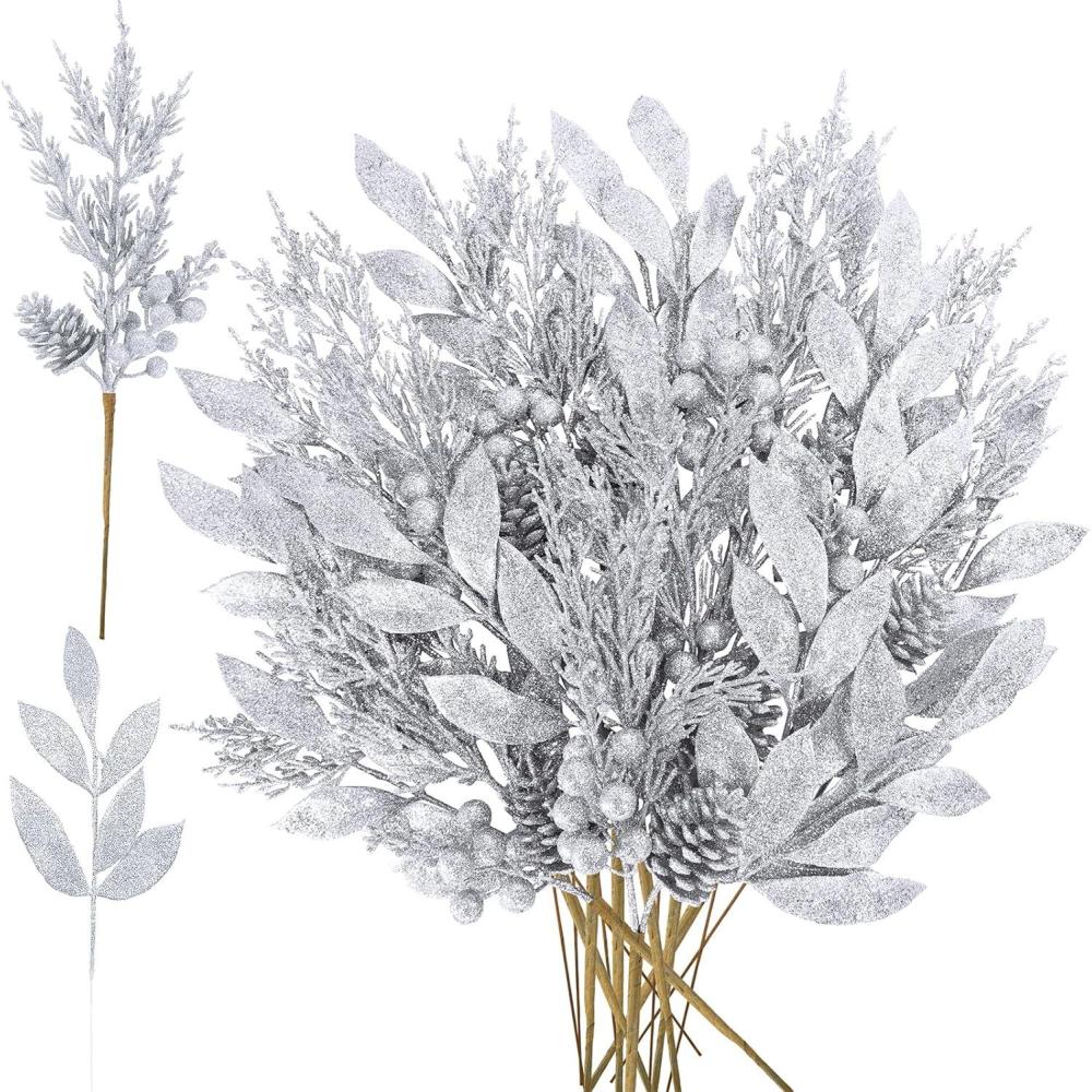 imageWinlyn 24 Pcs Christmas Artificial Leaf Sprays Pine Needles Pinecone Berries Stems Silver Glittered Christmas Decoration Picks 122quot 142quot Tall for Silver Christmas Tree Vase Fillers Wreath DcorSilver