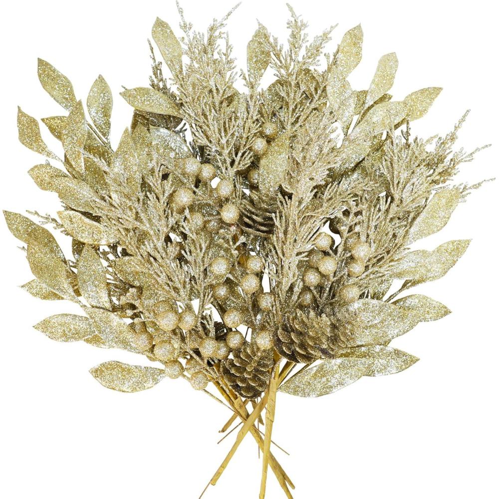 imageWinlyn 24 Pcs Christmas Artificial Leaf Sprays Pine Needles Pinecone Berries Stems Silver Glittered Christmas Decoration Picks 122quot 142quot Tall for Silver Christmas Tree Vase Fillers Wreath DcorChampagne