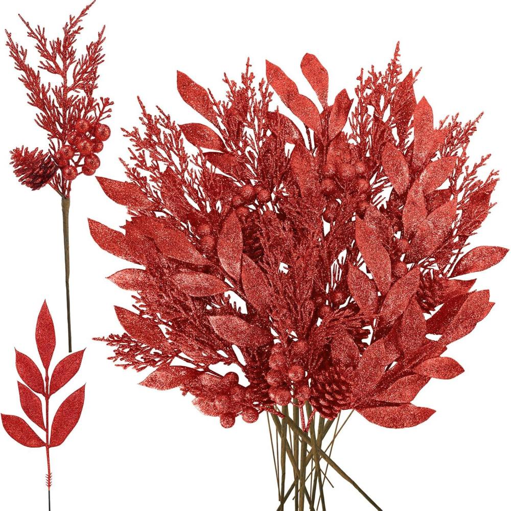 imageWinlyn 24 Pcs Christmas Artificial Leaf Sprays Pine Needles Pinecone Berries Stems Silver Glittered Christmas Decoration Picks 122quot 142quot Tall for Silver Christmas Tree Vase Fillers Wreath DcorRed