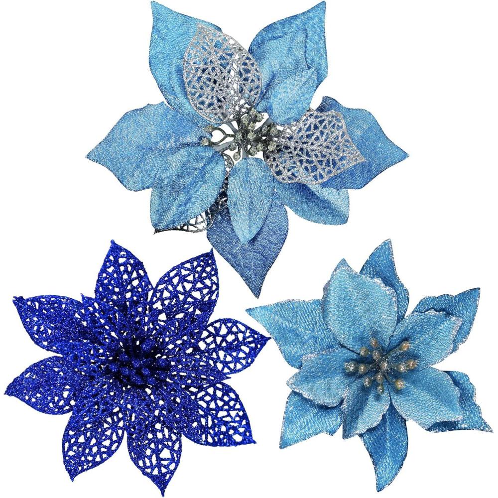 imageWinlyn 24 Set 3 Styles Christmas Blue Glitter Poinsettia Flowers Picks Christmas Tree Ornaments for Blue Christmas Tree Wreaths Garland Holiday Seasonal Wedding Decorations White Gift Box IncludedBlue