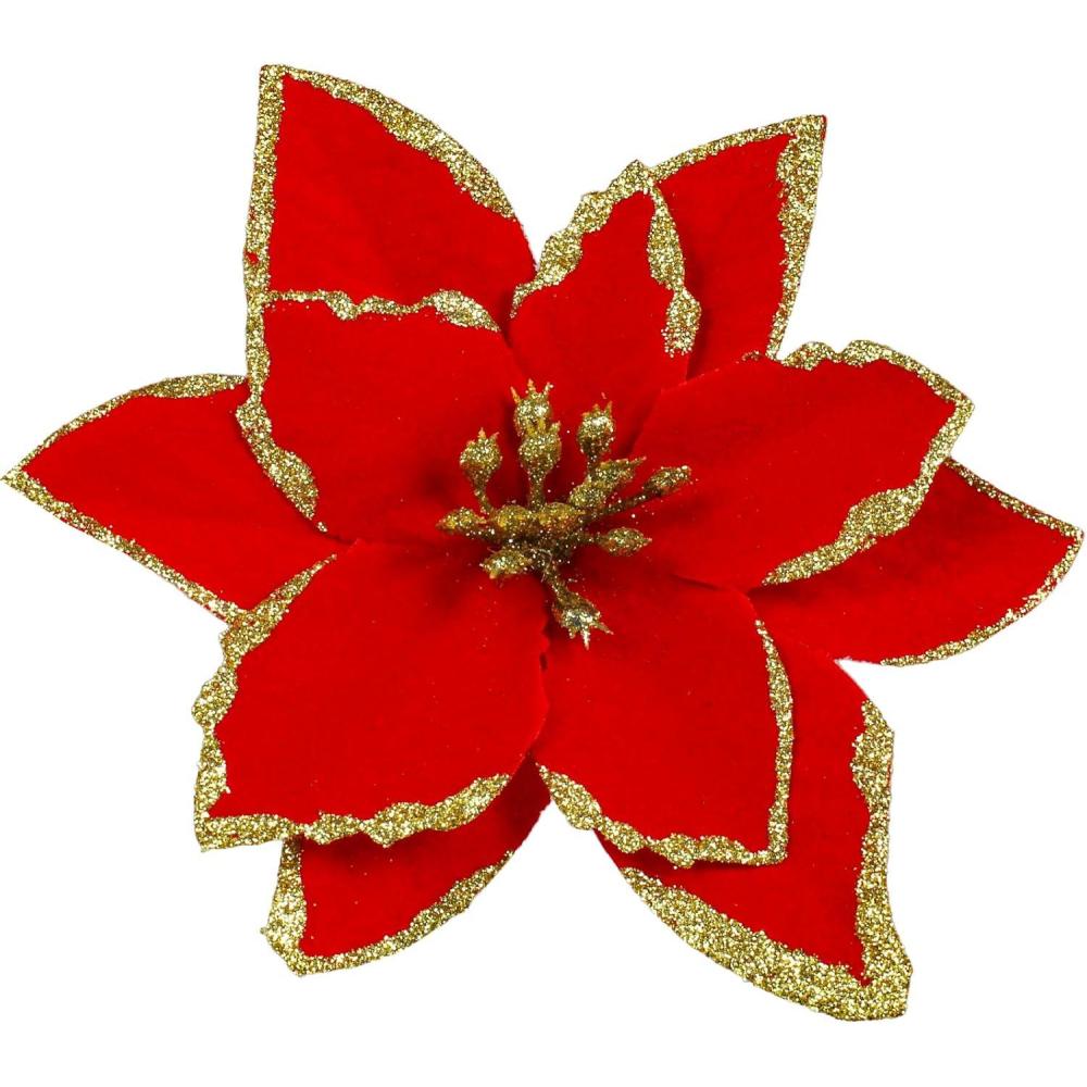 imageWinlyn 24 Set Christmas Glitter Gold Poinsettia Flowers Picks Christmas Tree Ornaments for Gold Christmas Tree Wreaths Garland Winter Holiday Seasonal Wedding Decorations White Gift Box IncludedRed