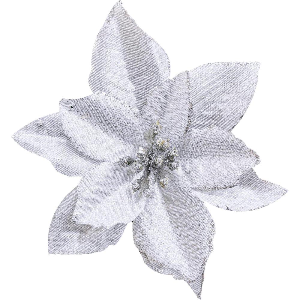 imageWinlyn 24 Set Christmas Glitter Gold Poinsettia Flowers Picks Christmas Tree Ornaments for Gold Christmas Tree Wreaths Garland Winter Holiday Seasonal Wedding Decorations White Gift Box IncludedSilver